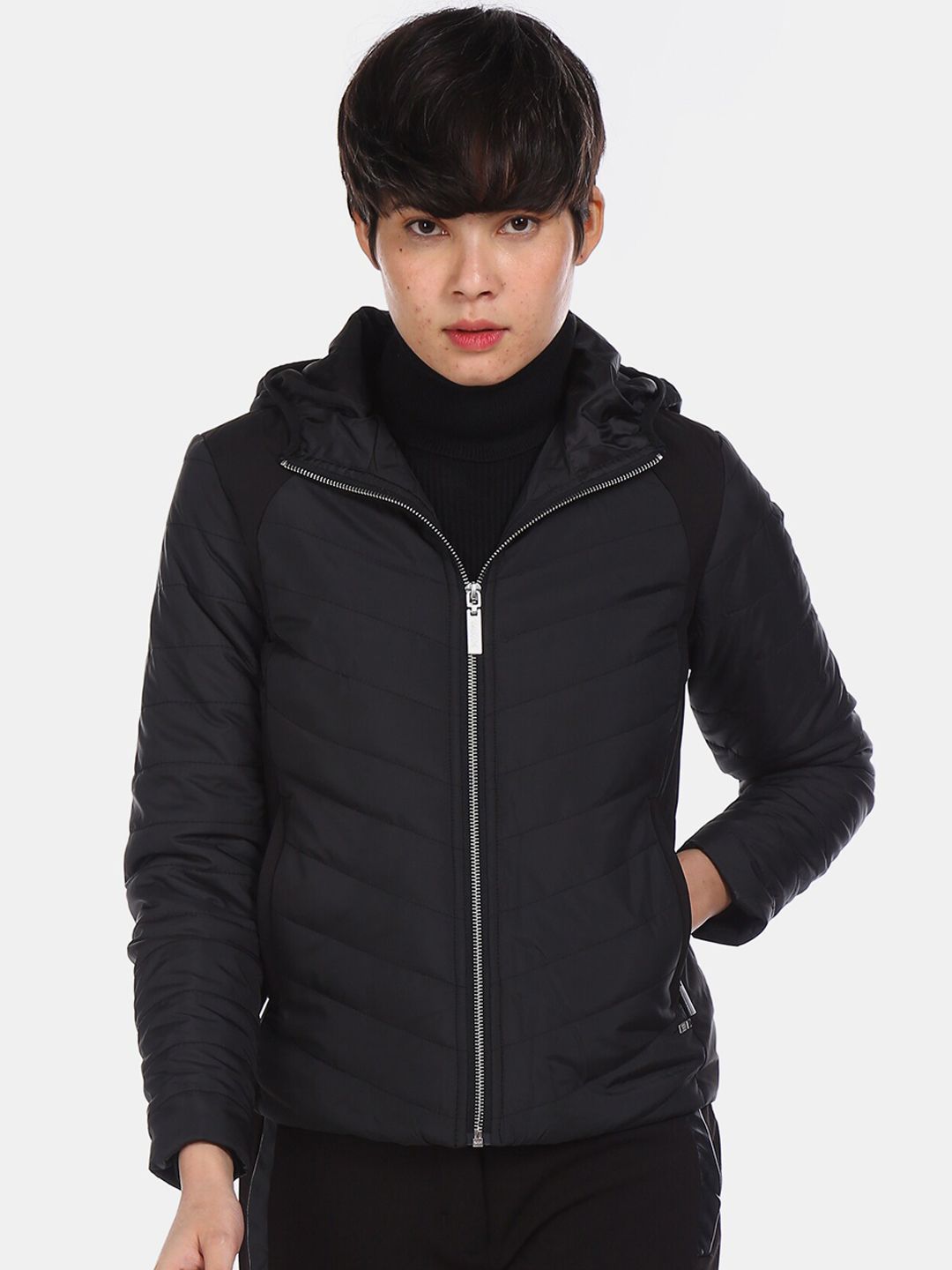 U.S. Polo Assn. Women Black Solid Quilted Jacket Price in India