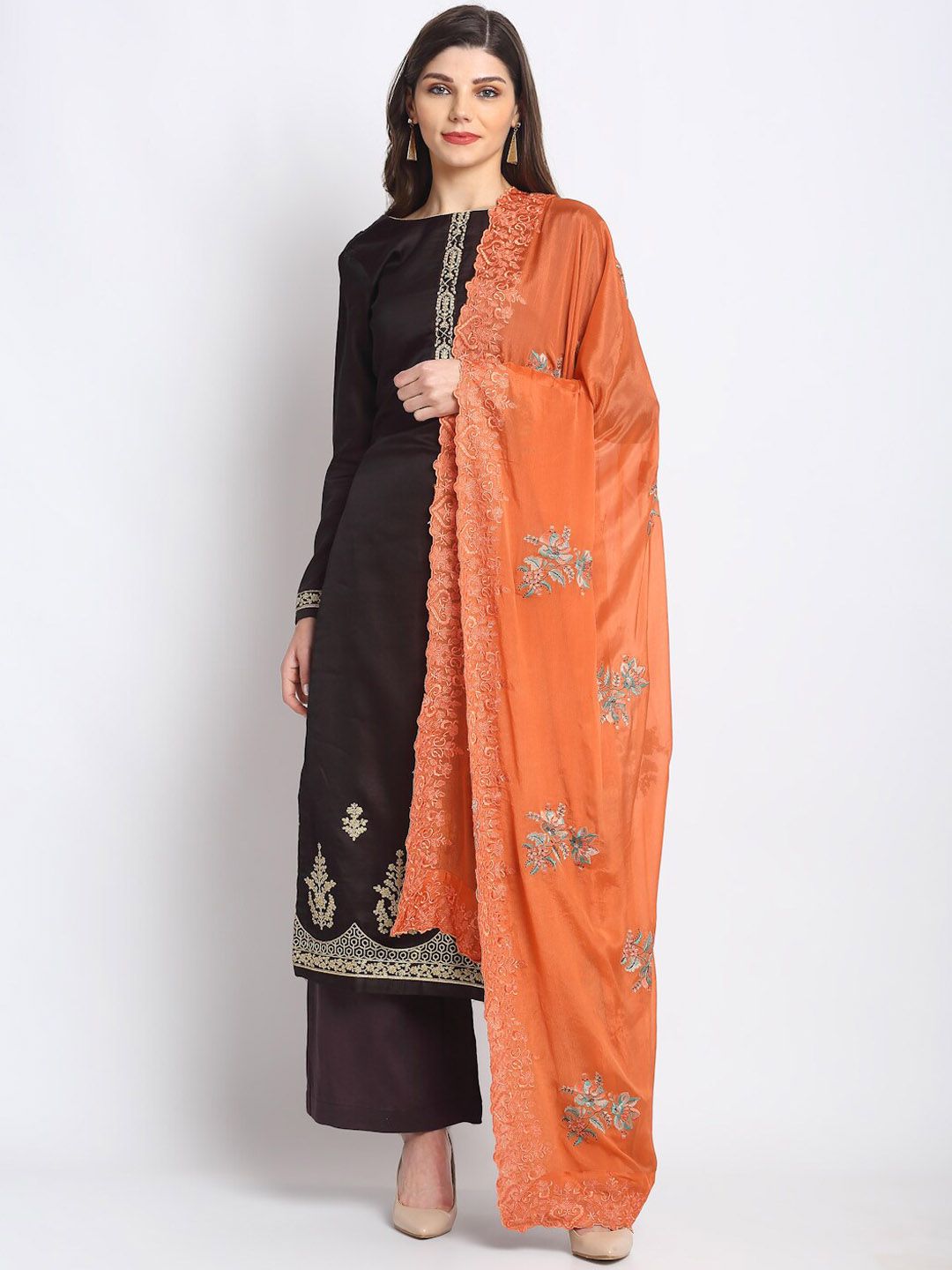 Stylee LIFESTYLE Brown & Black Tussar Silk Unstitched Dress Material Price in India