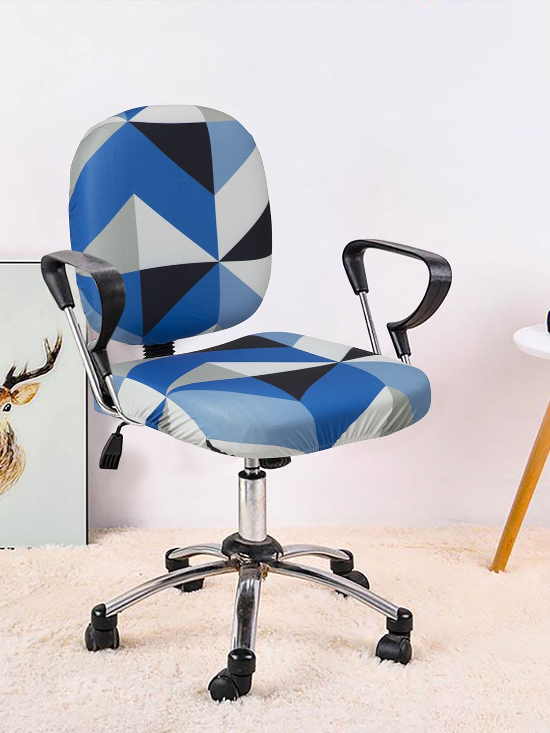 Cortina Blue & Black Geometric Printed Chair Cover Price in India
