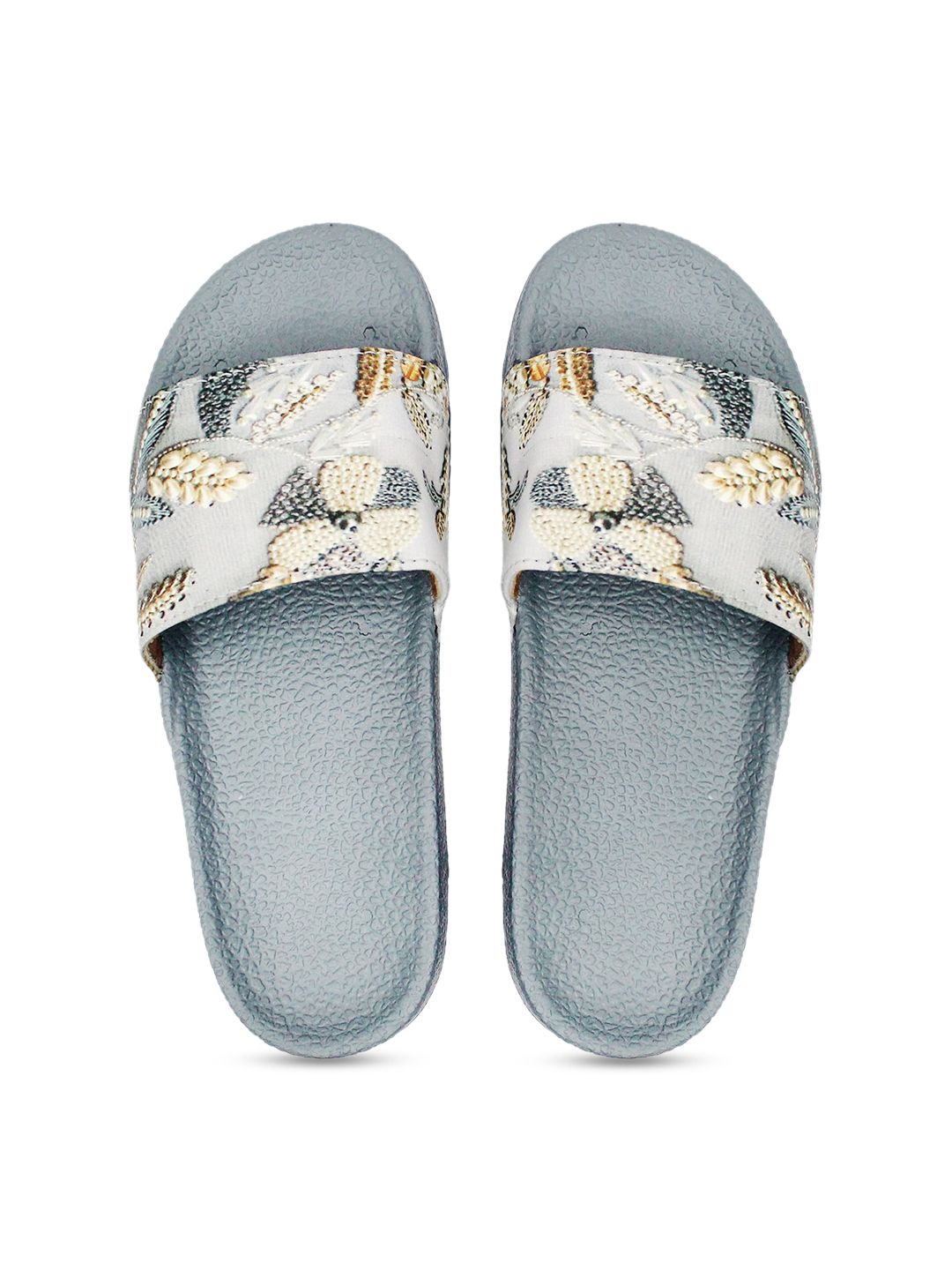 FREECO Women Grey & Cream-Coloured Printed Sliders Price in India