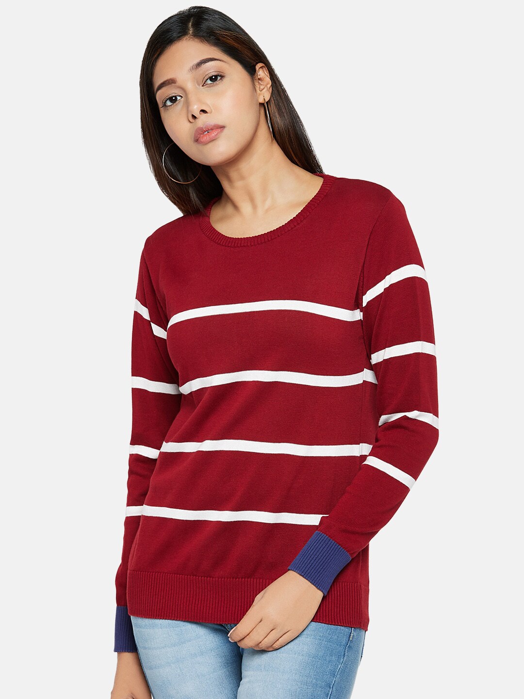People Women Maroon & White Striped Cotton Pullover Sweater Price in India