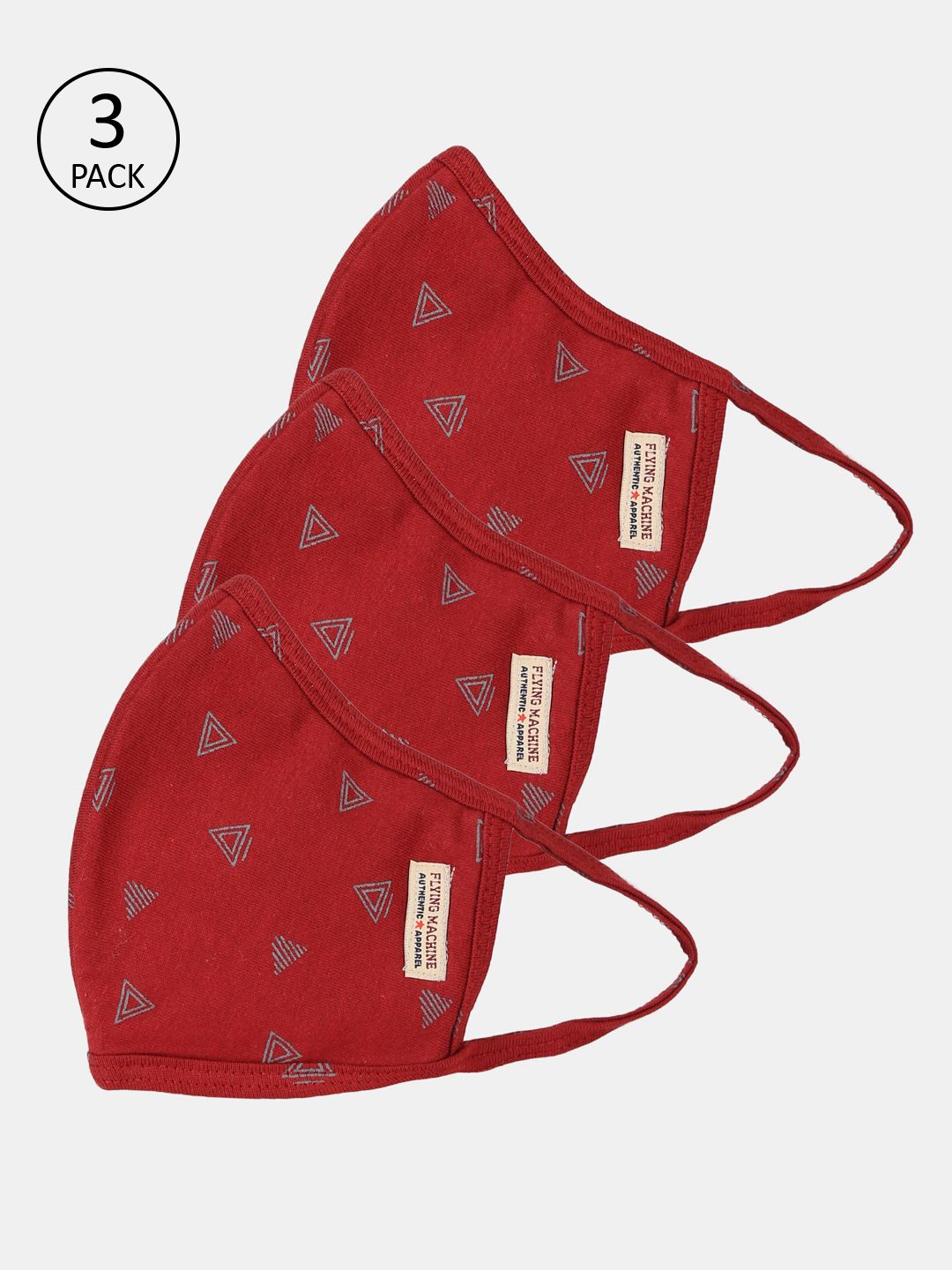 Flying Machine Unisex Pack Of 3 Red & Grey Printed 3-Ply Reusable Cloth Masks Price in India
