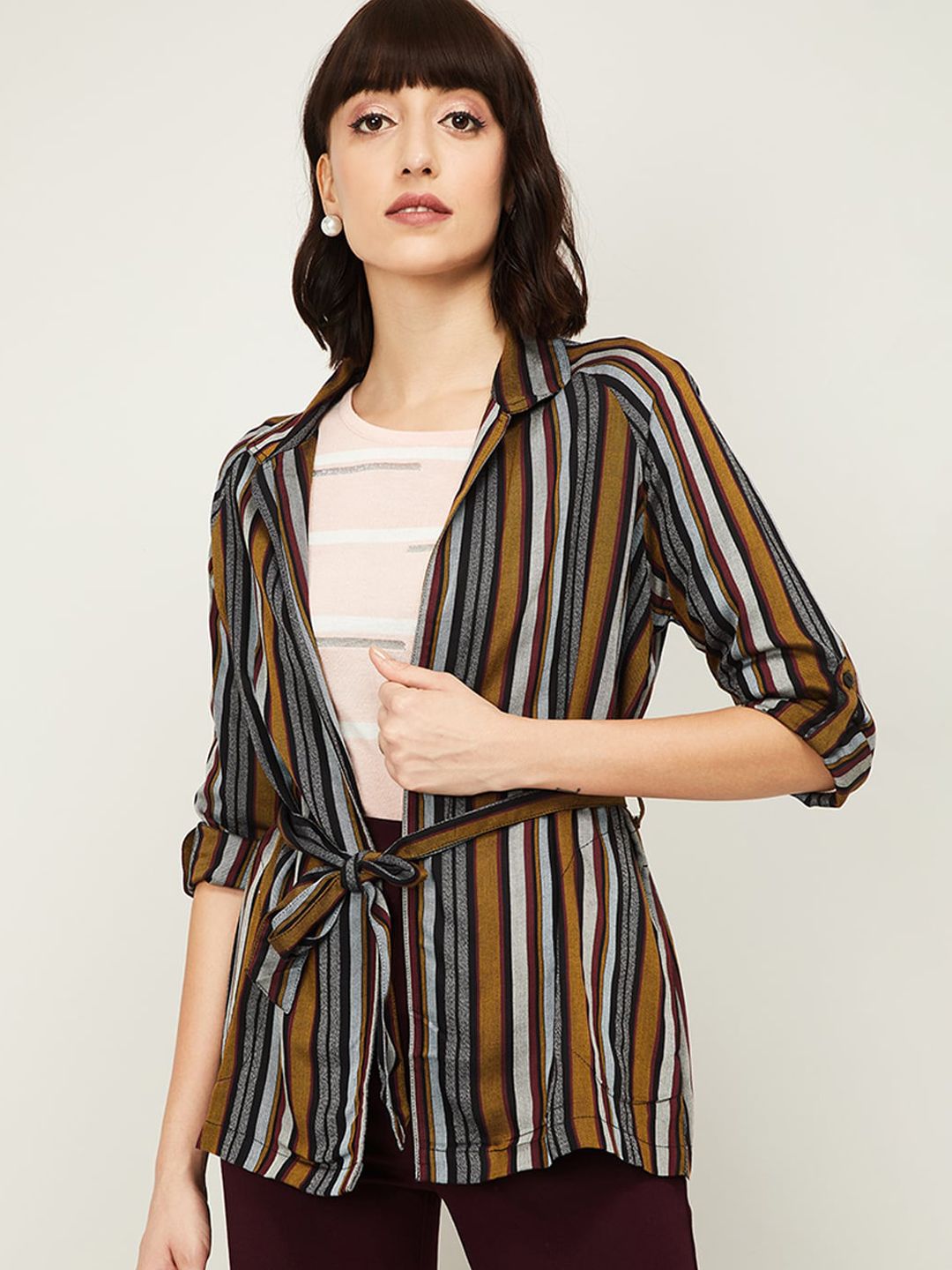 CODE by Lifestyle Women Olive Green & Grey Striped Open Front Shrug