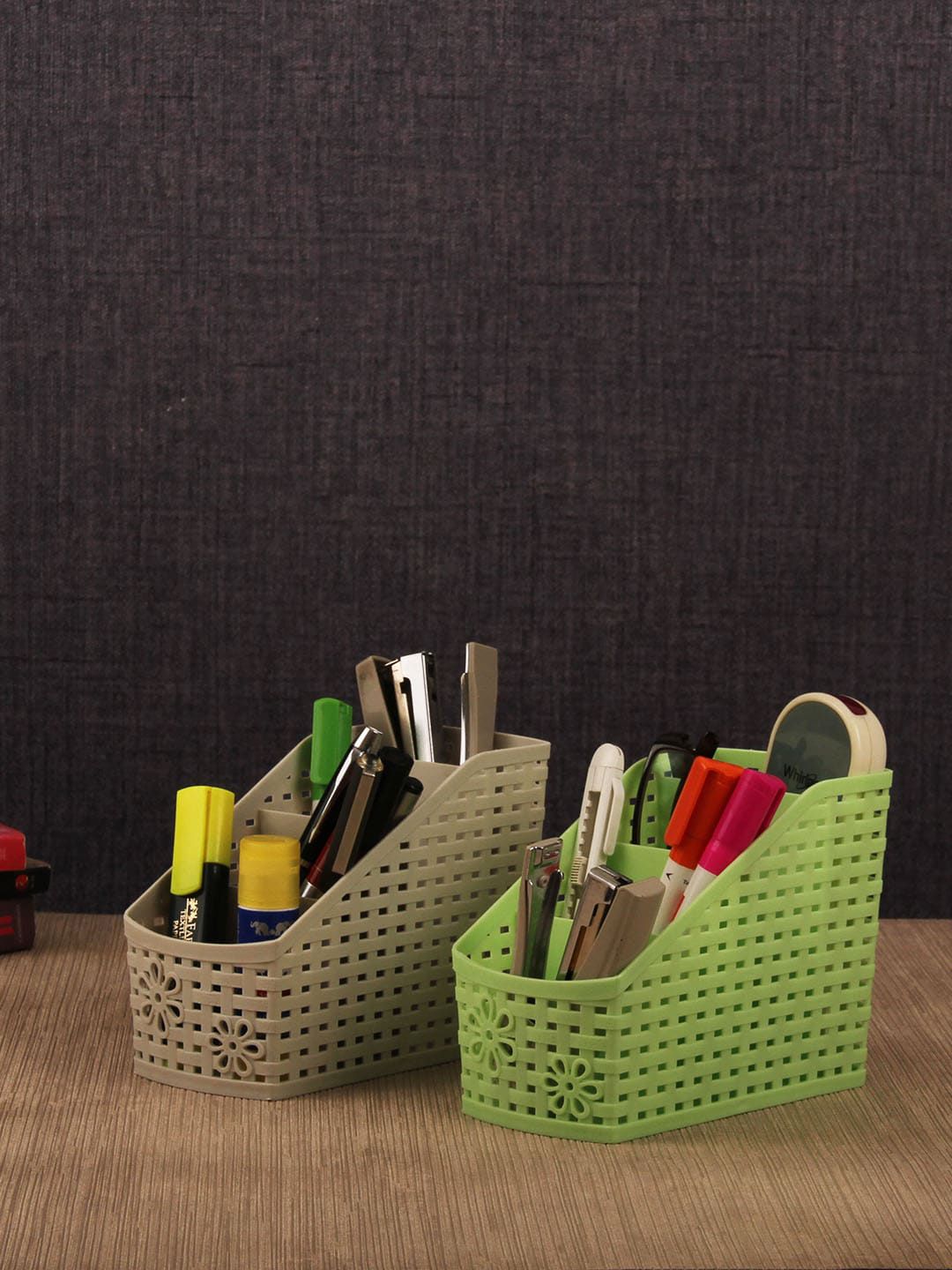 TIED RIBBONS Set of 2 Green & Beige Solid Desk Organisers Price in India