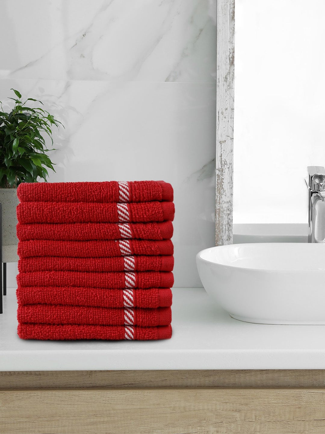 Trident Set Of 9 Red & White Solid 380 GSM Face Towels Price in India