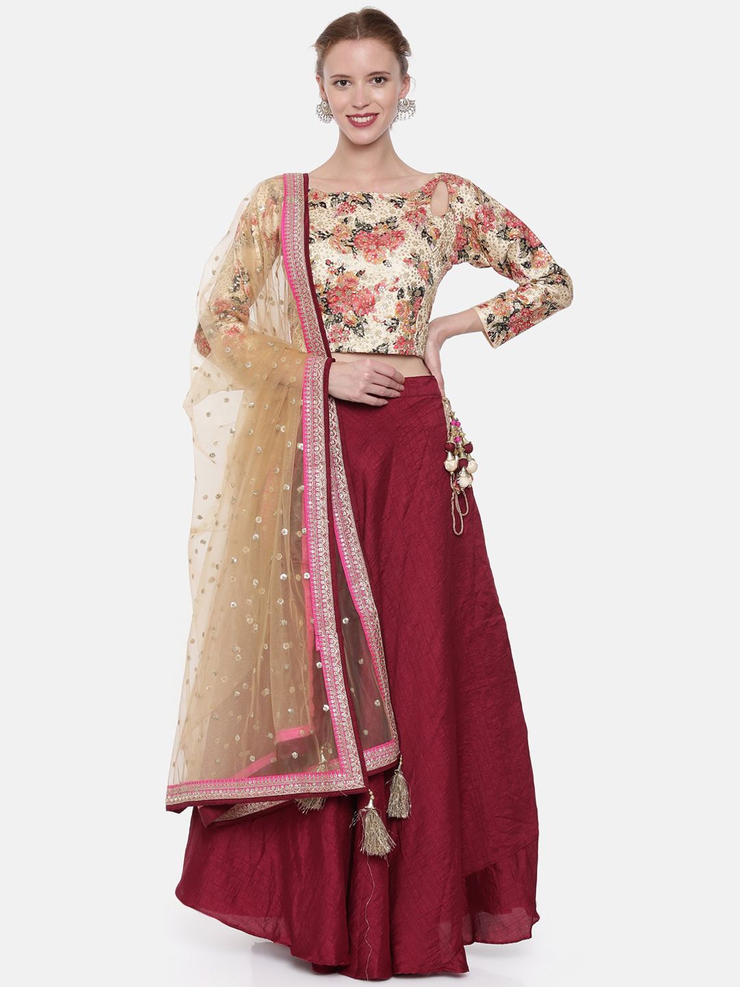 Neerus Beige & Maroon Floral Embroidered Ready to Wear Lehenga & Blouse with Dupatta Price in India