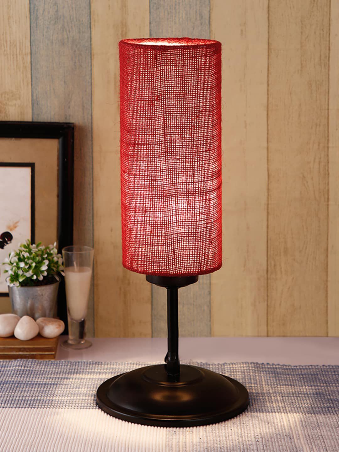 Devansh Maroon & Black Solid Traditional Cylindrical Table Lamp Price in India