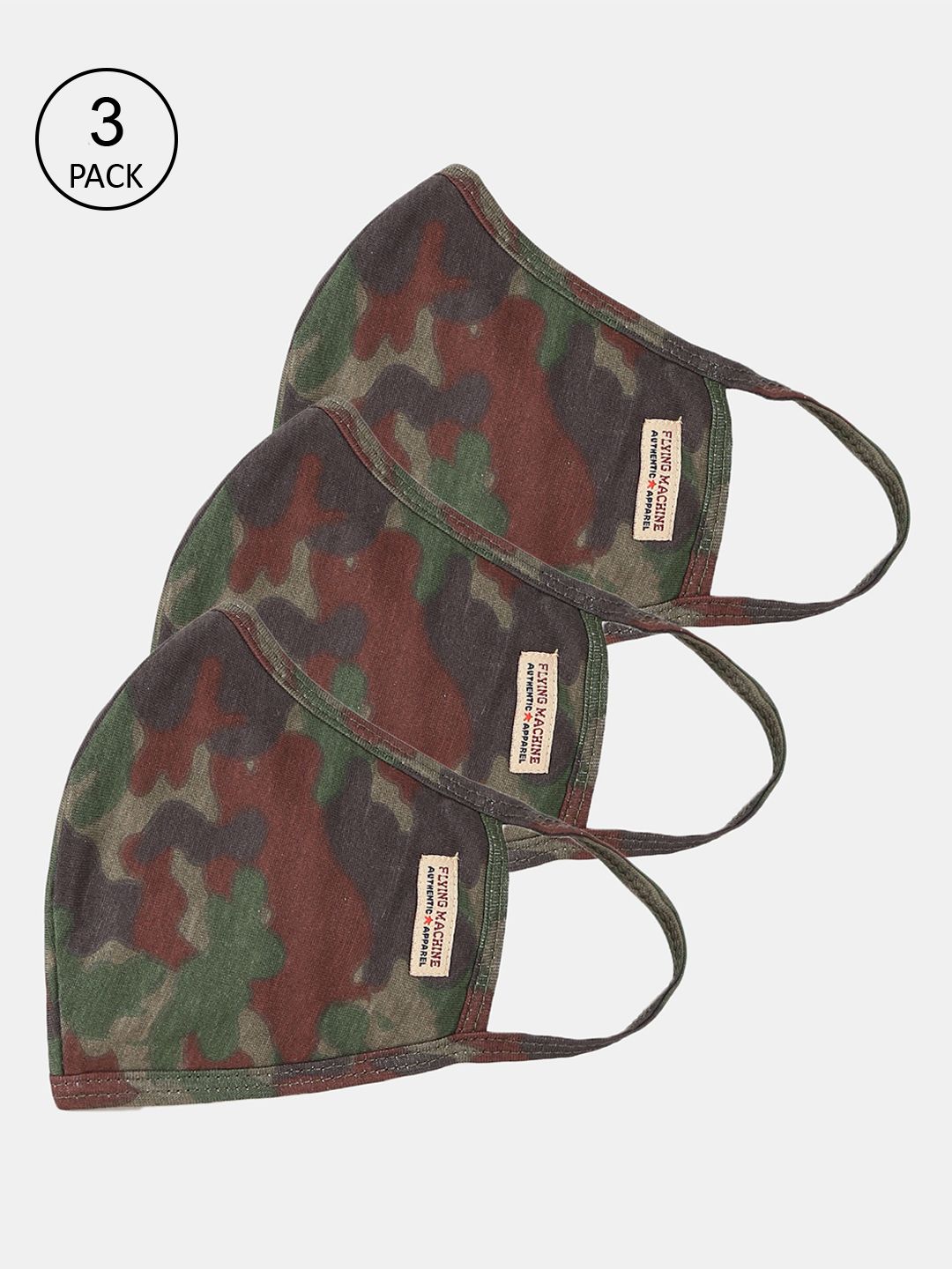 Flying Machine Pack Of 3 Green & Brown Camouflage Printed 3-Ply Reusable Cloth Masks Price in India