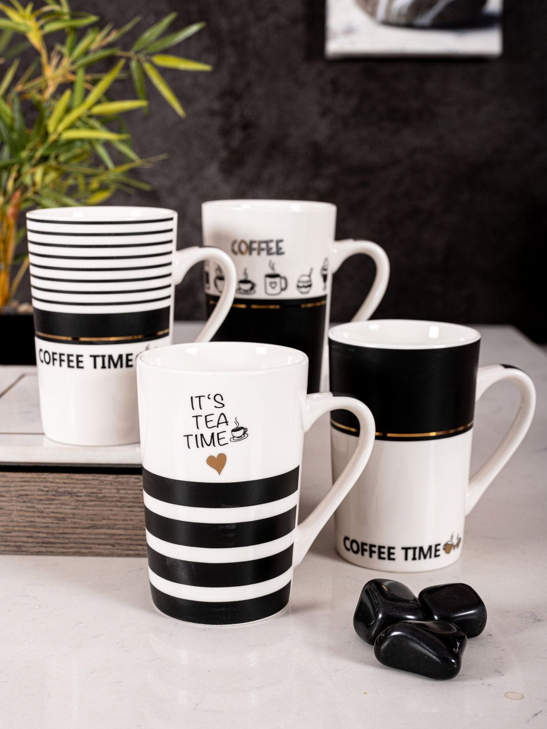 White Gold White & Black Colorblocked Set of 4 Coffee Mugs Price in India