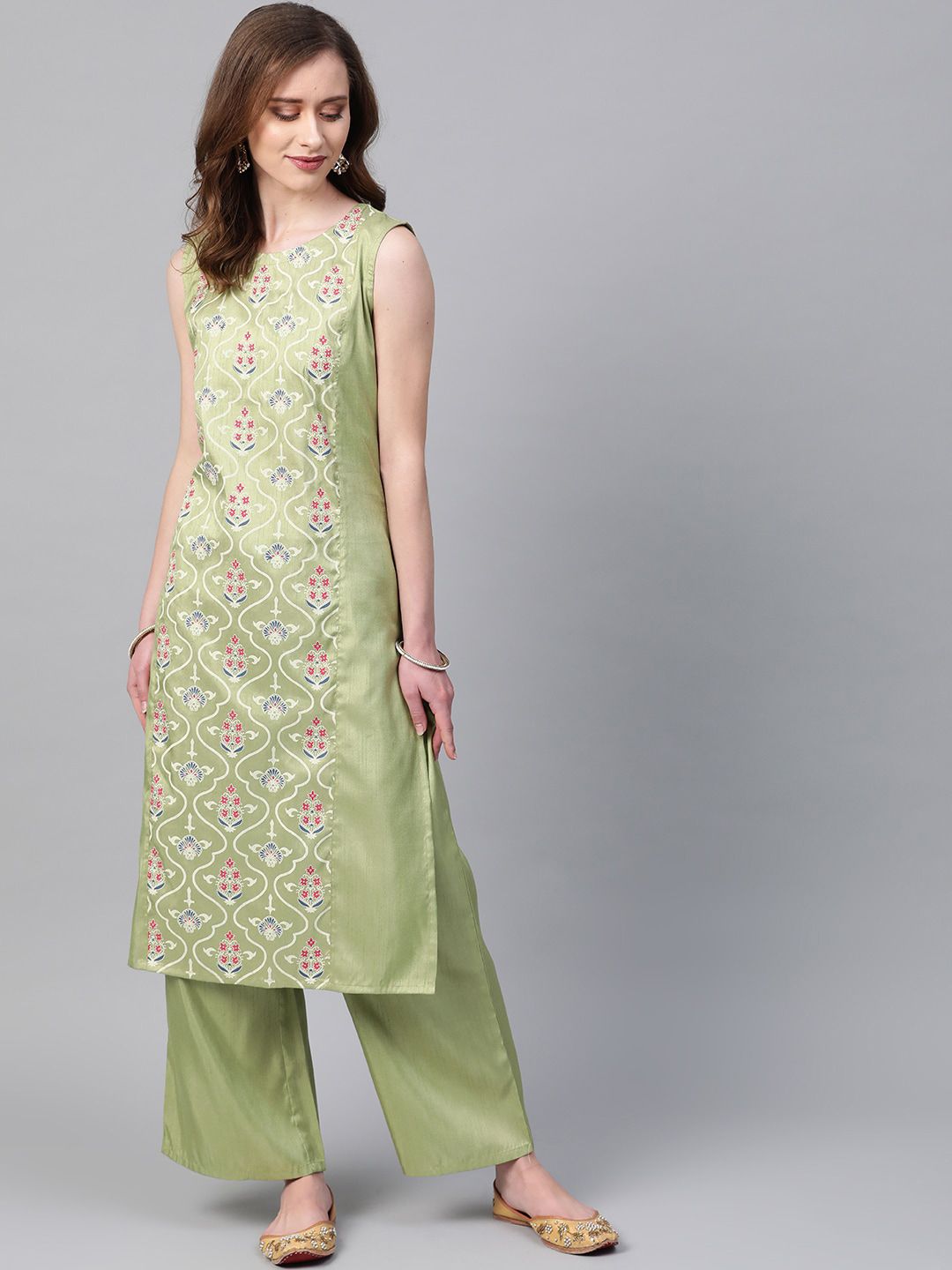 ZIYAA Women Green & White Printed Kurta with Palazzos Price in India