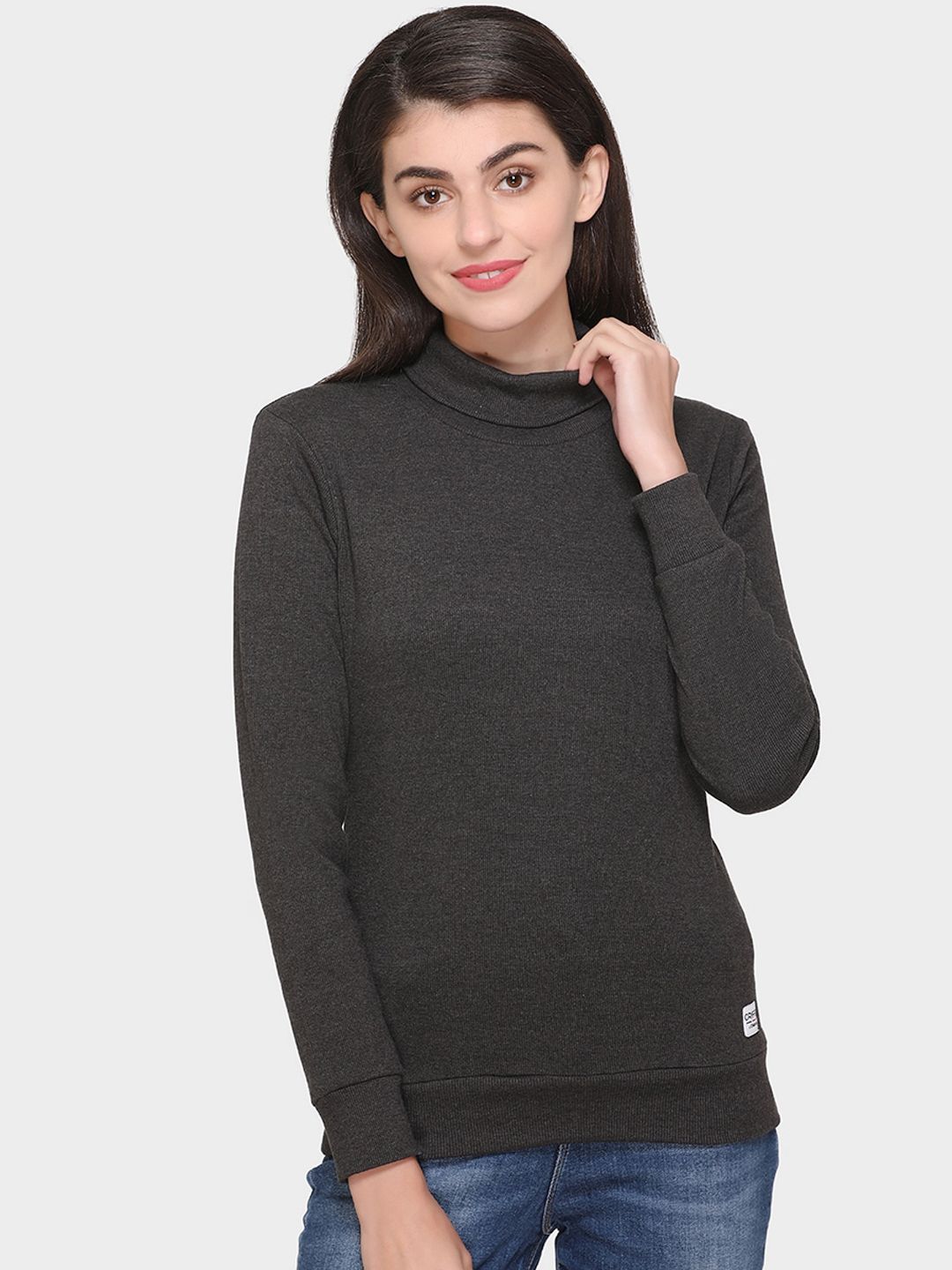 GRIFFEL Women Charcoal Solid Sweatshirt Price in India