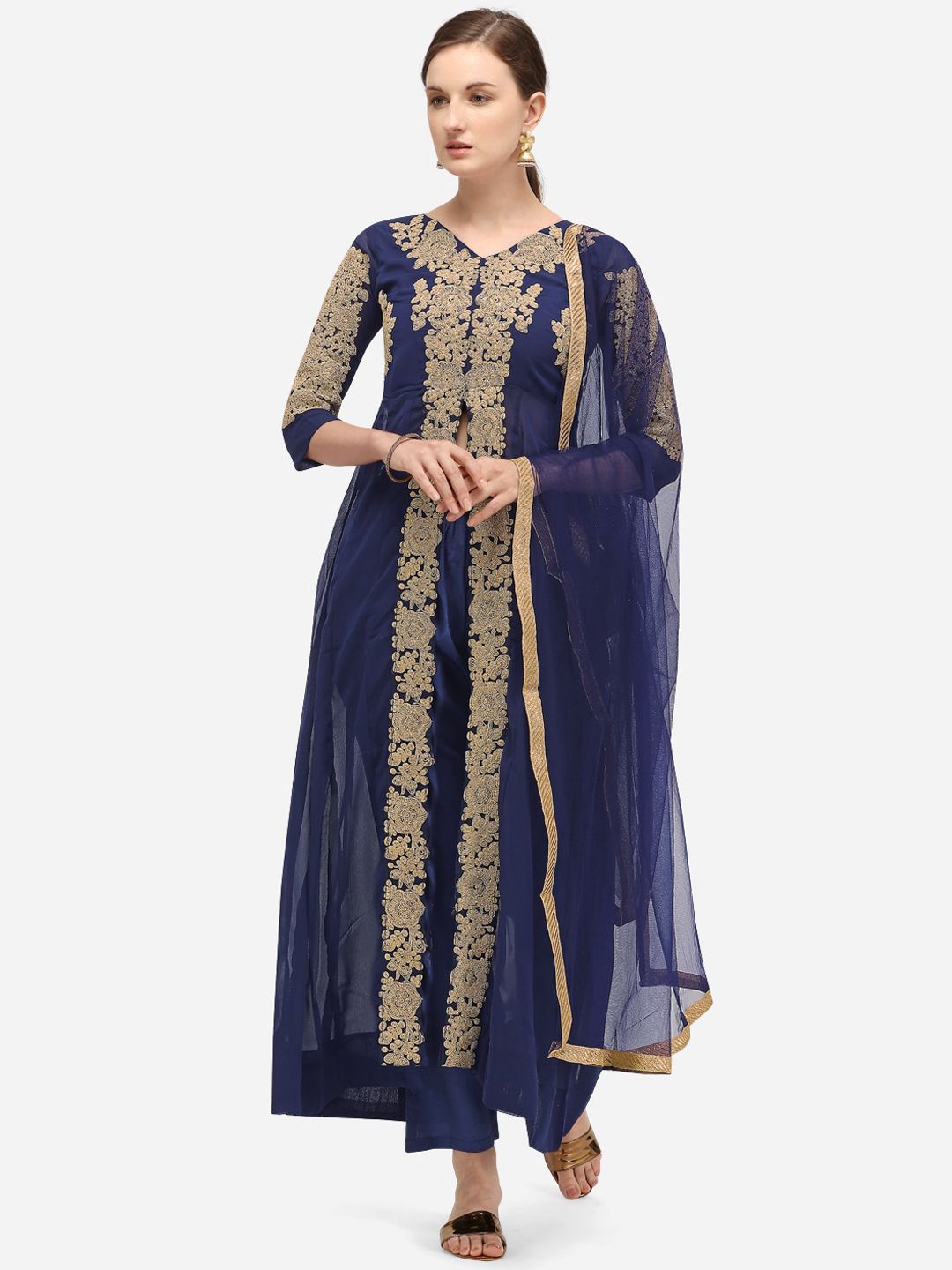 Florence Navy Blue & Gold-Coloured Poly Georgette Semi-Stitched Dress Material Price in India