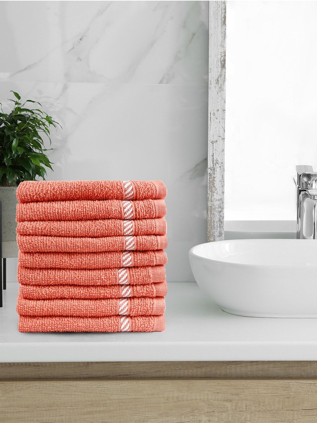 Trident Set of 9 Peach-Coloured & White Striped 400 GSM Face Towels Price in India