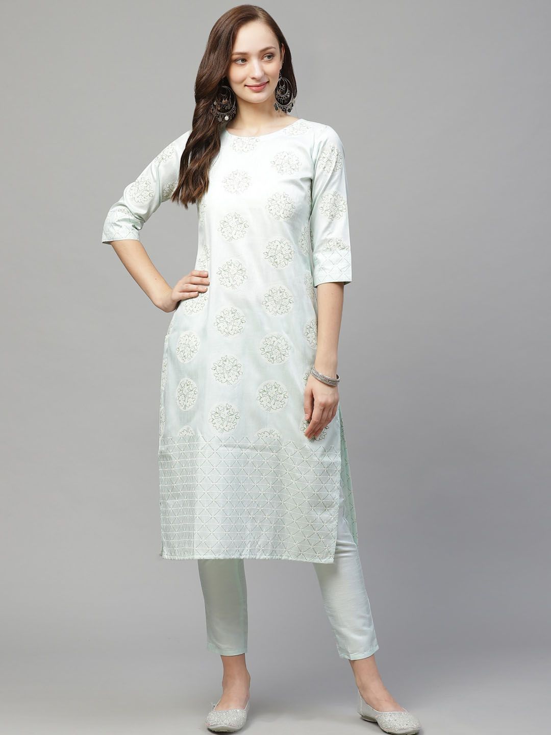 ZIYAA Women Green & White Self Design Kurta with Trousers Price in India