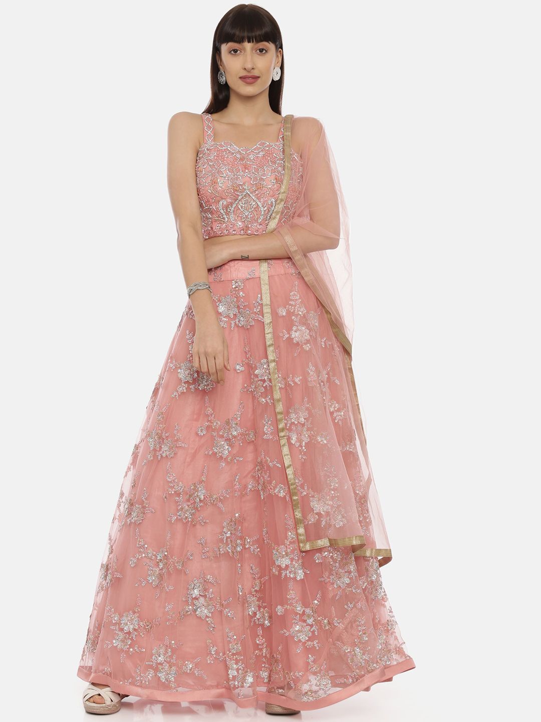 Neerus Pink & Silver-Toned Embellished Ready to Wear Lehenga & Blouse with Dupatta