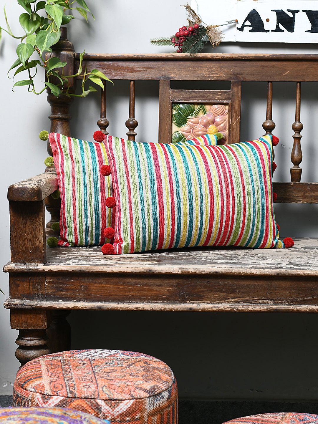 AMOROSA Multicoloured Set of 2 Striped Rectangle Cushion Covers Price in India