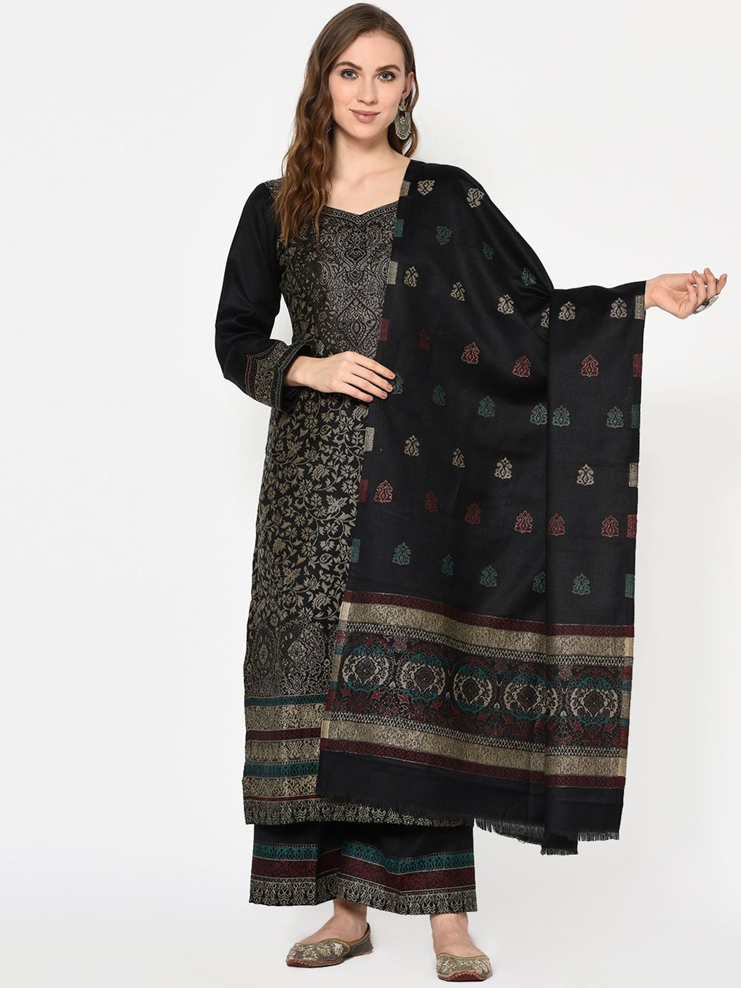 Safaa Women Black Viscose Acrylic Woven Design Suit Unstitched Dress Material For Winter Price in India