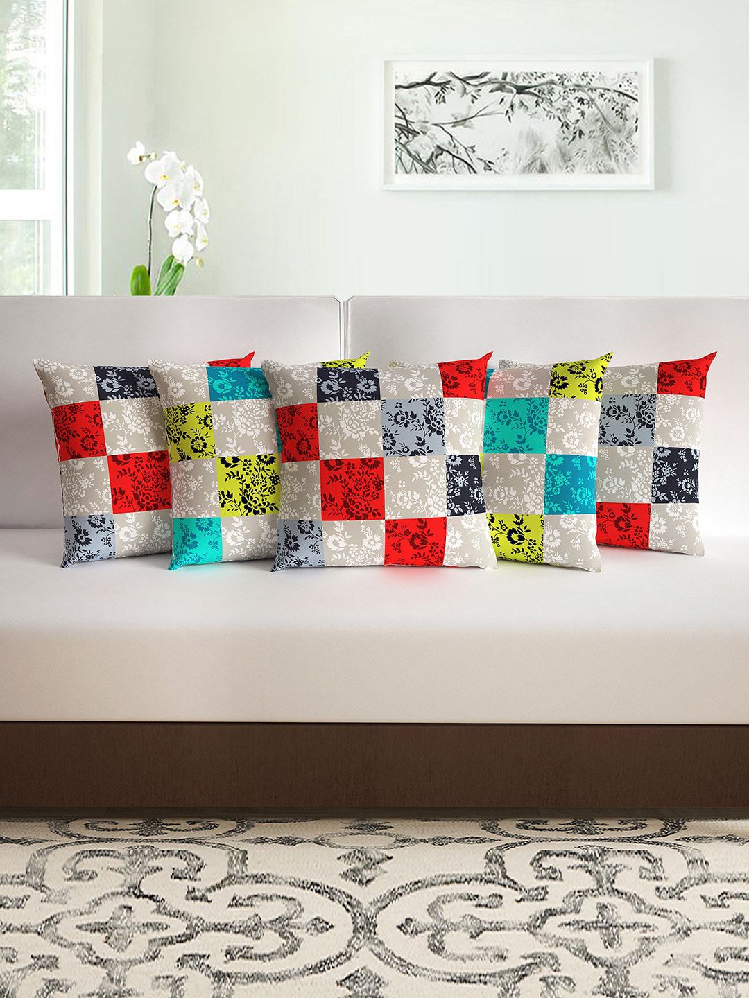 Divine Casa Red & Grey Set of 5 Floral Square Cushion Covers Price in India