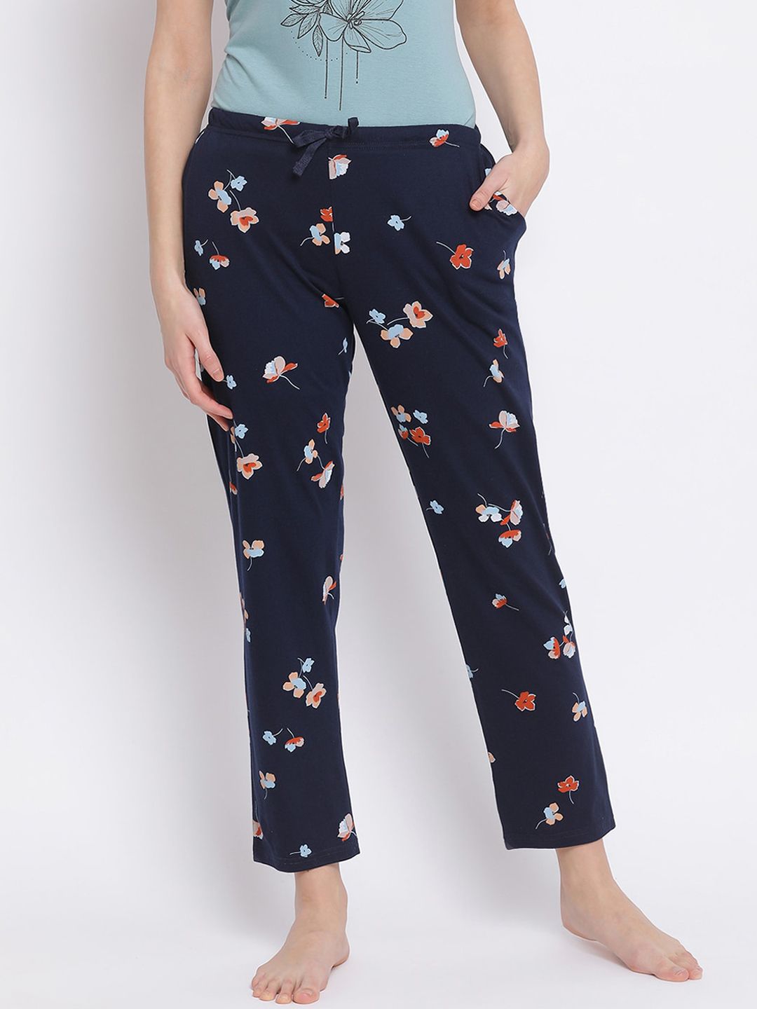 Kanvin Women Navy Blue & Rust Brown Printed Lounge Pants Price in India