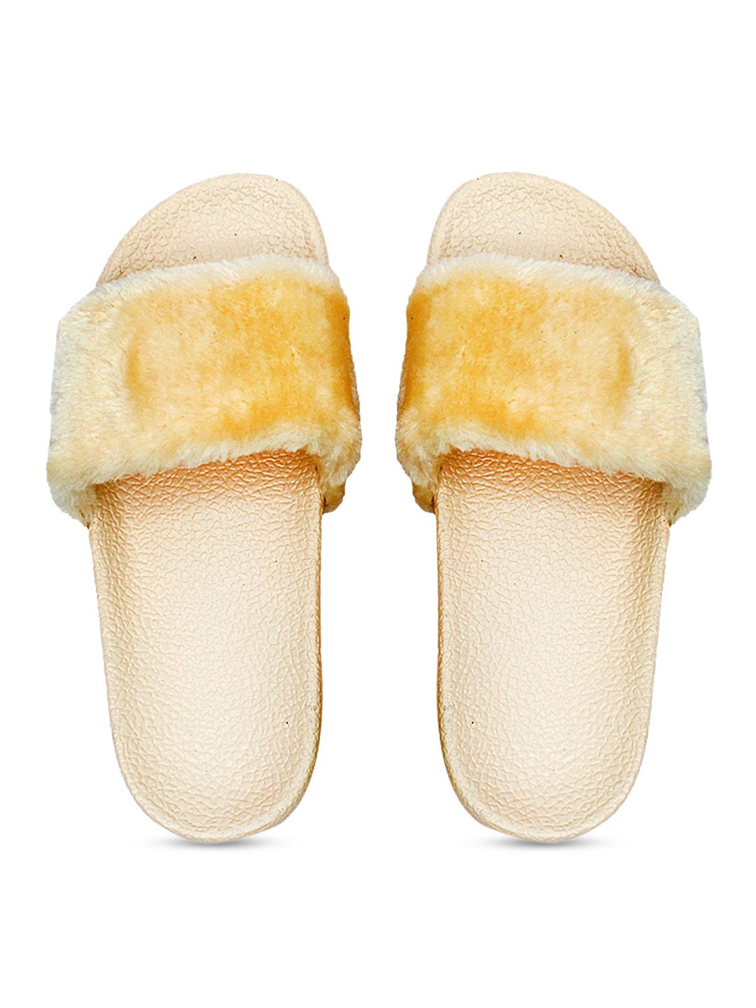 FREECO Women Cream-Coloured & Yellow Solid Sliders Price in India