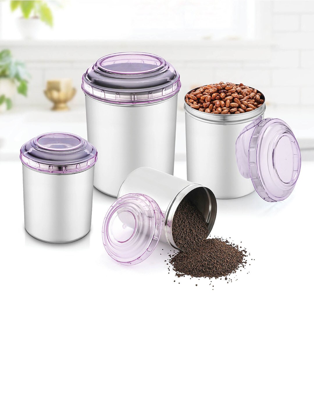 Jensons Set Of 12 Silver-Toned & Purple Solid Stainless Steel Canisters Price in India