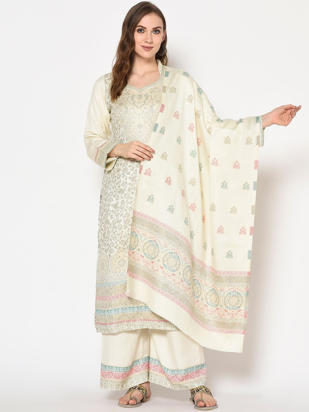 Safaa Women Off-White Viscose Acrylic Woven Design Suit Unstitched Dress Material For Winter Price in India