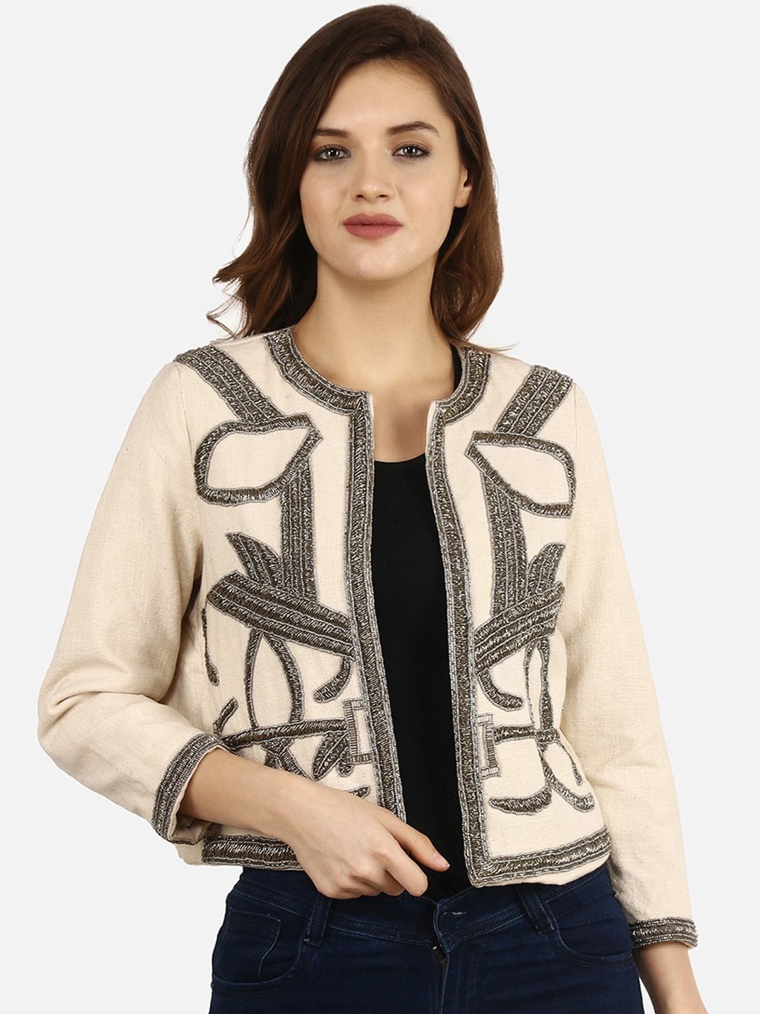 Diwaah Women Cream-Coloured & Brown Embellished Cotton Open Front Jacket Price in India