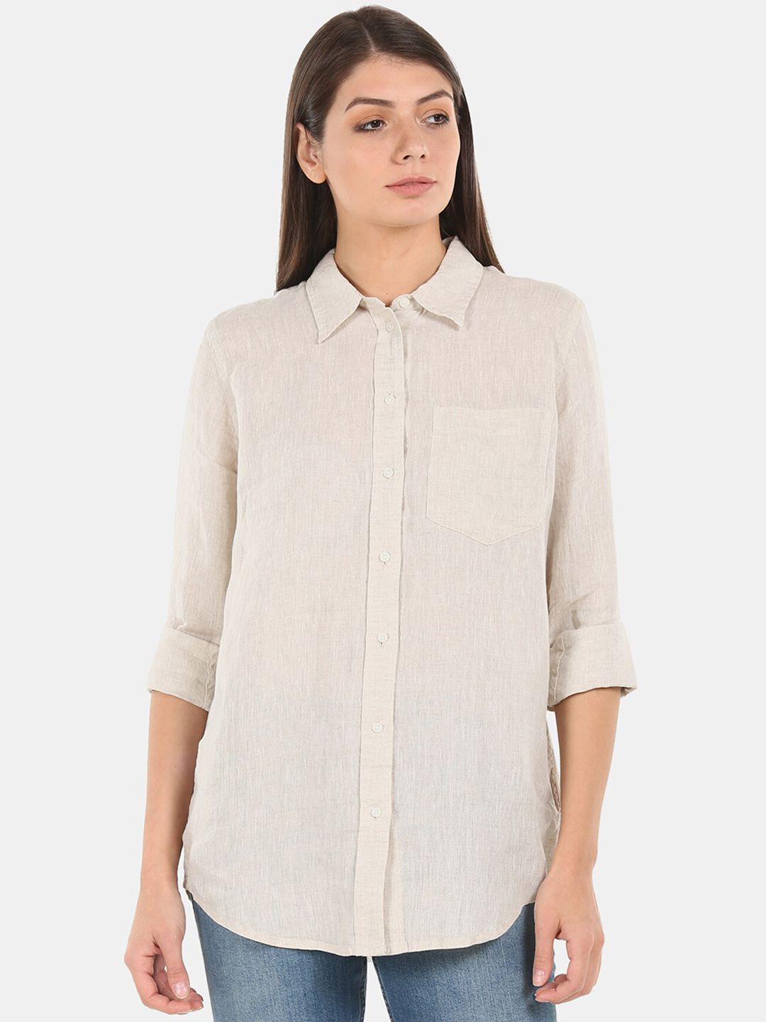 GAP Women Beige Long Sleeve Solid Shirt