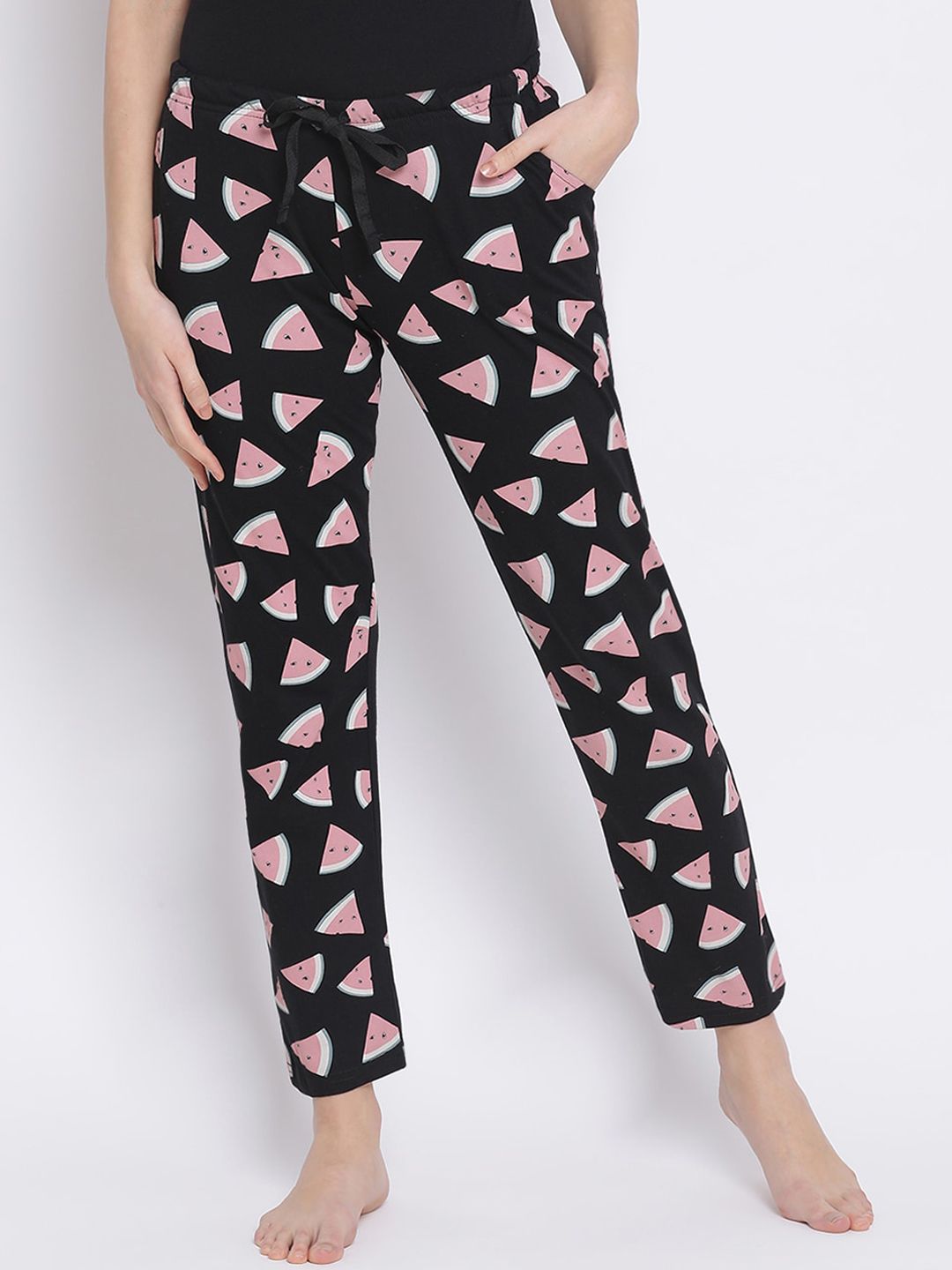 Kanvin Women Black & Pink Printed Lounge Pants Price in India