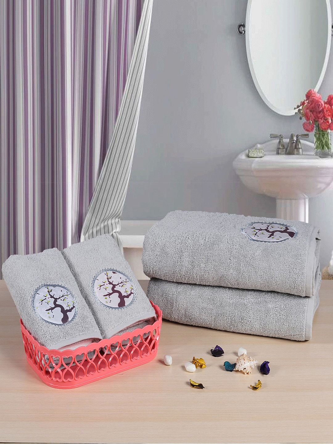 RANGOLI Set of 4 Grey Melange Solid 550 GSM Towel Set Price in India