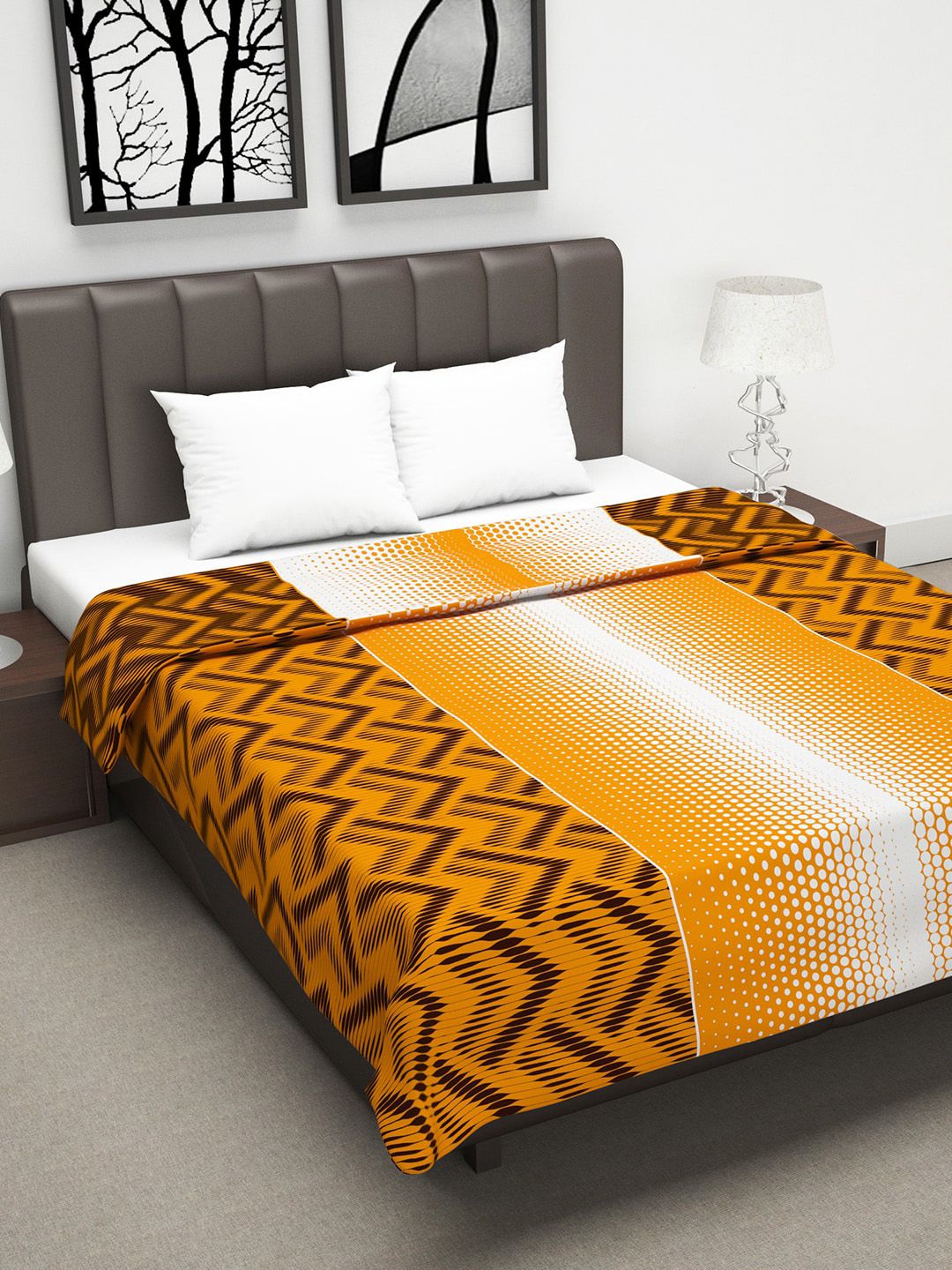 Divine Casa Orange & Brown Abstract AC Room 120 GSM Double Bed Dohar Price in India