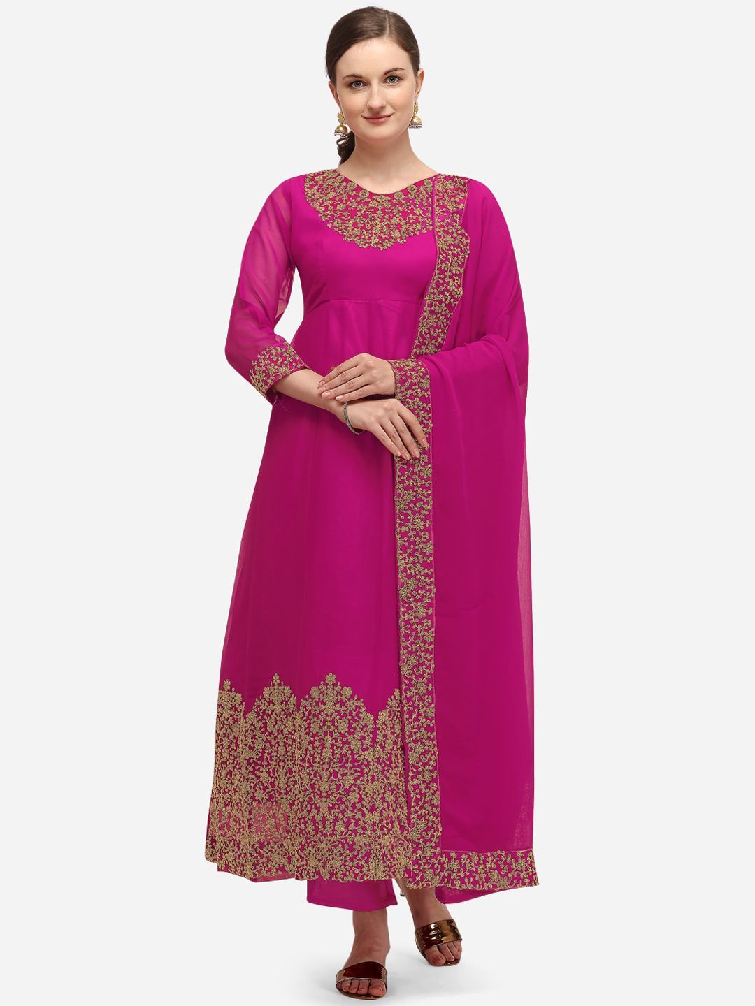 Florence Magenta & Gold-Coloured Floral Embroidered Semi-Stitched Dress Material Price in India