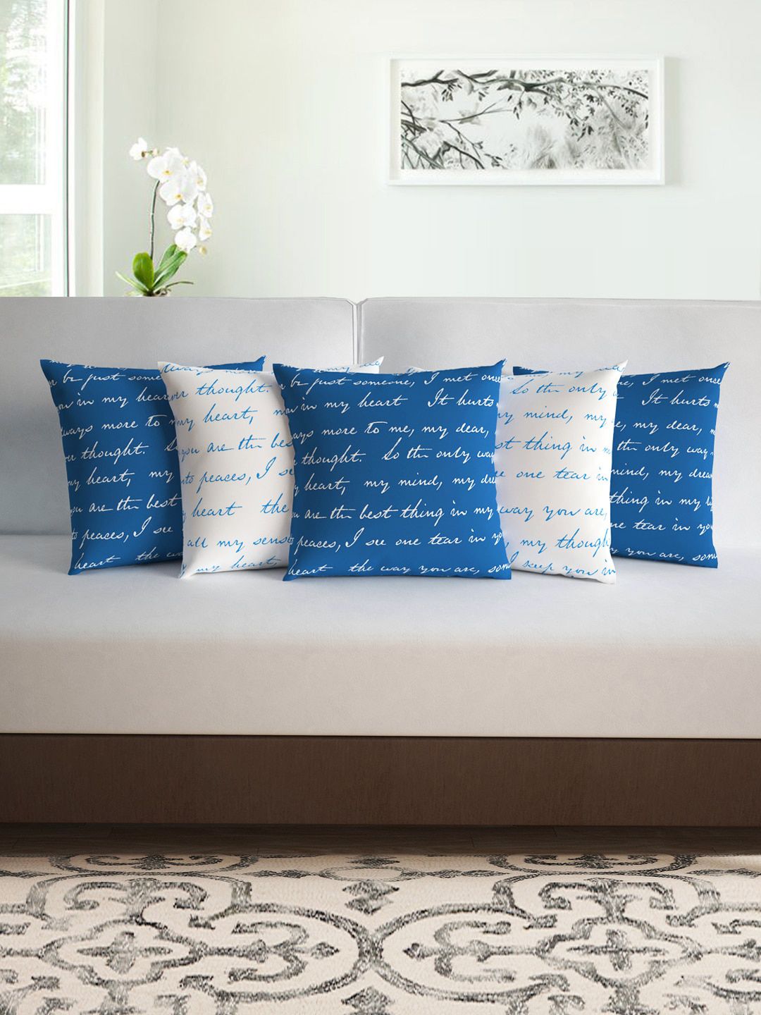 Divine Casa Blue & White Set of 5 Quirky Square Cushion Covers Price in India