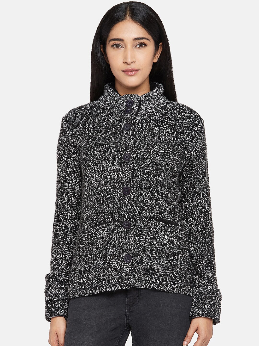 People Women Grey Self Design Cardigan Sweater Price in India