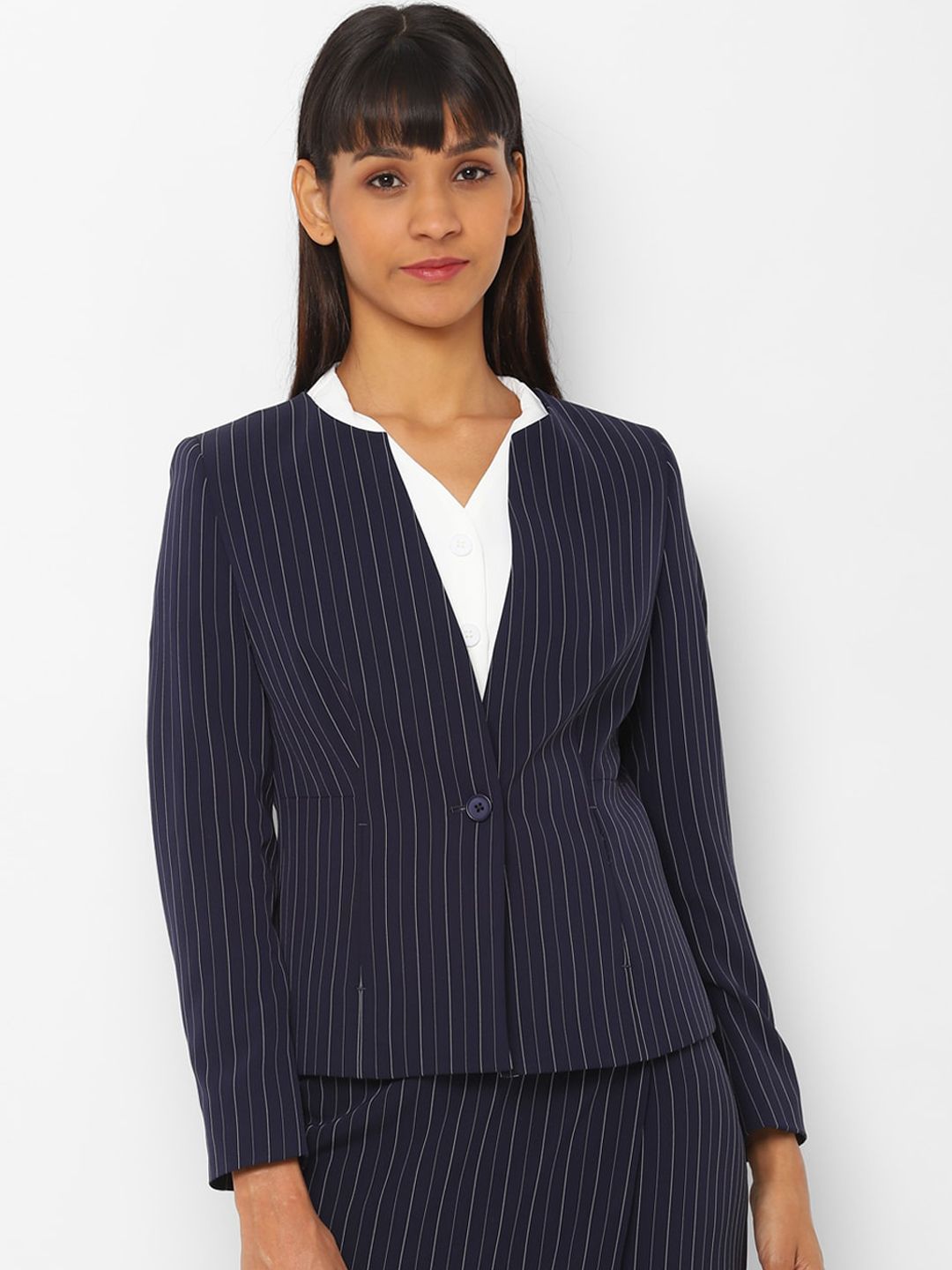 Allen Solly Woman Navy Blue & Off-White Striped Collarless Single-Breasted Formal Blazer Price in India