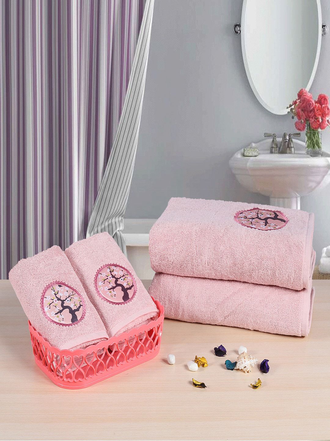 RANGOLI Unisex Set of 4 Pink & Beige Solid 550 GSM Towels Price in India
