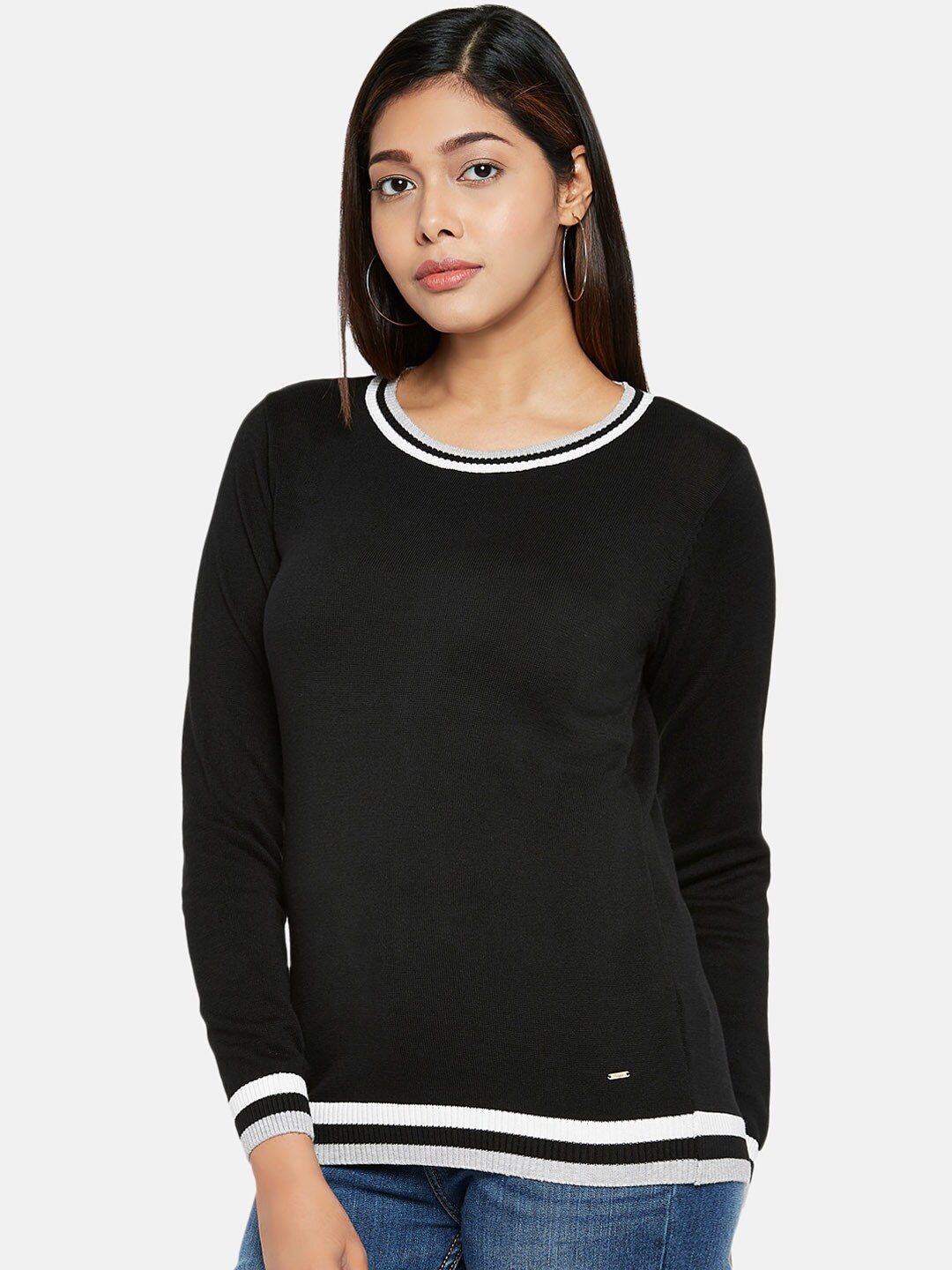 People Women Black Solid Pullover Sweater Price in India