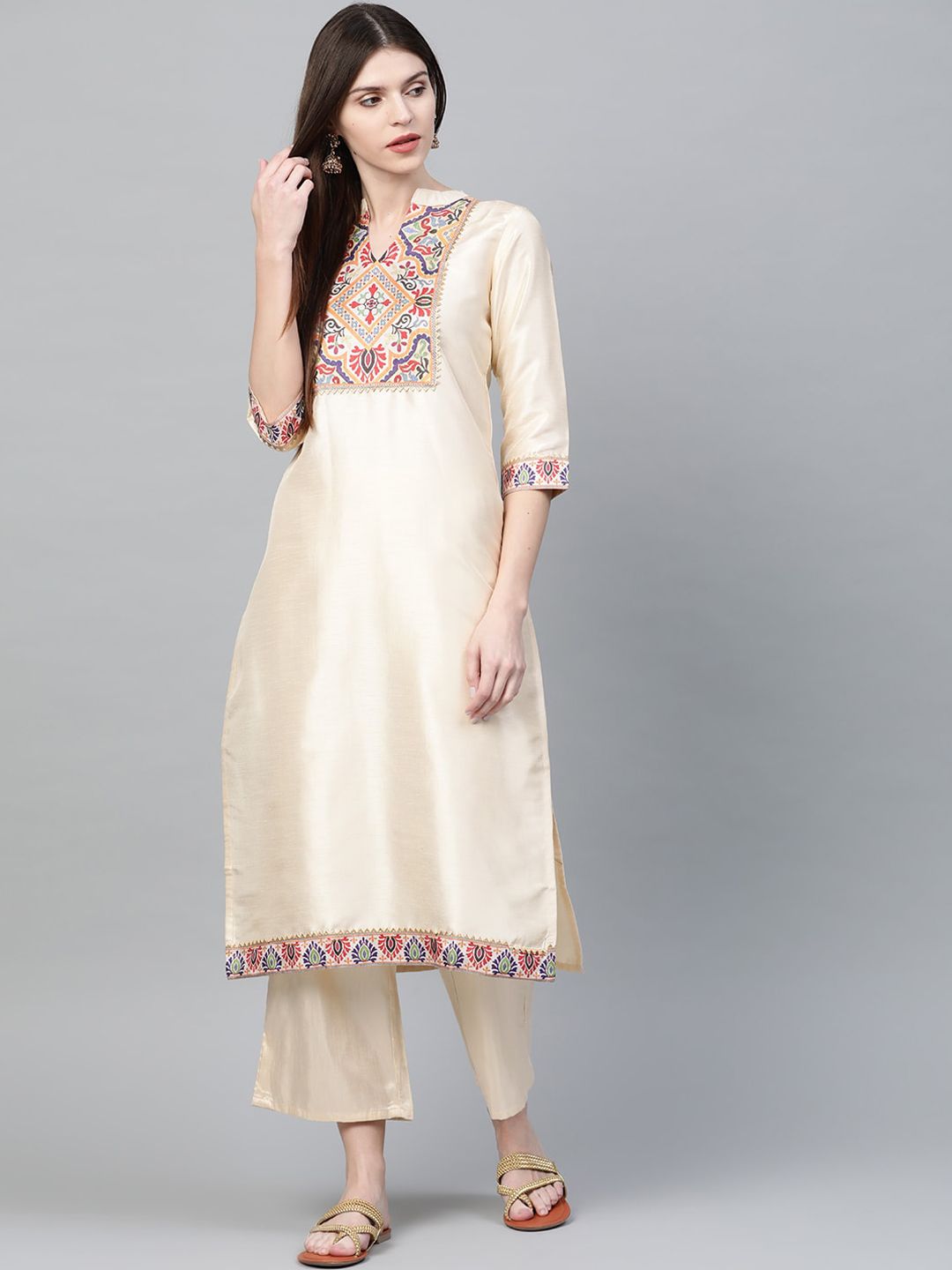 ZIYAA Women Cream-Coloured Yoke Design Kurta with Trousers Price in India