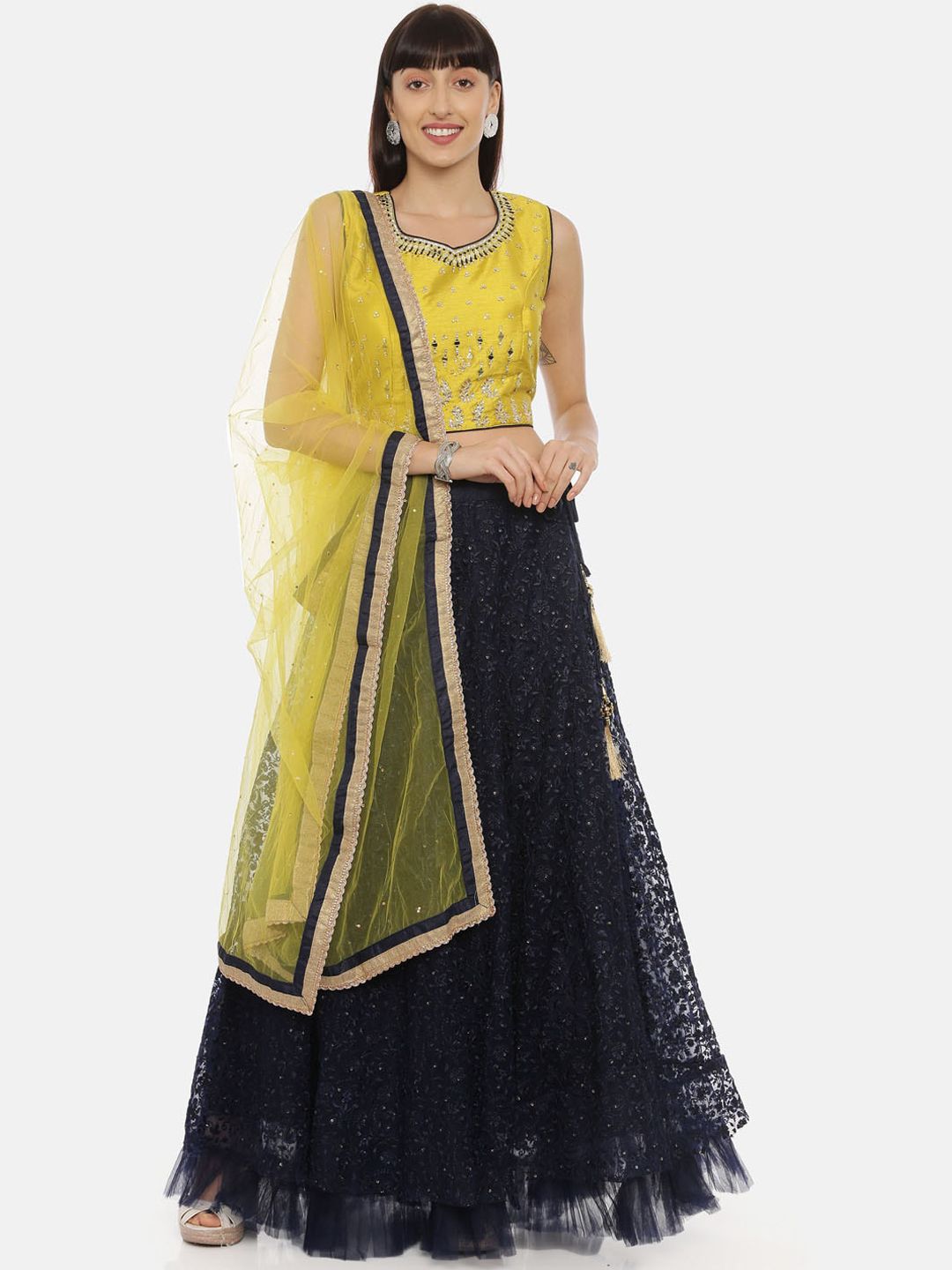 Neerus Yellow & Navy Blue Embellished Ready to Wear Lehenga & Blouse with Dupatta