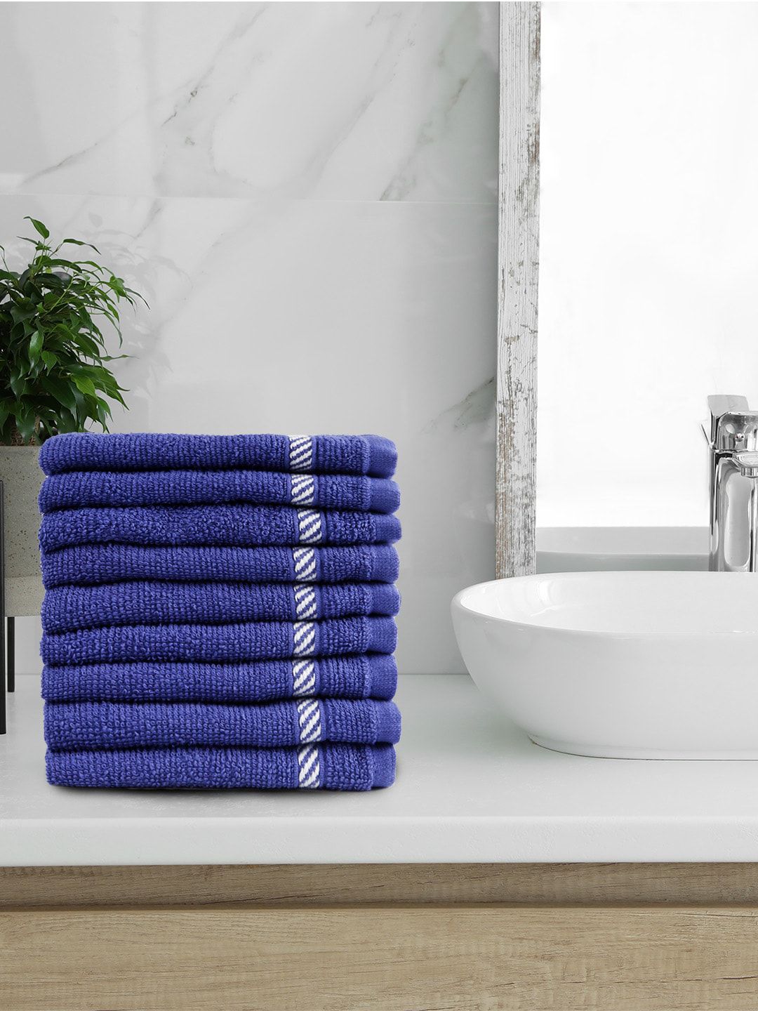 Trident Unisex Set Of 9 Blue Solid 380 GSM Face Towels Price in India