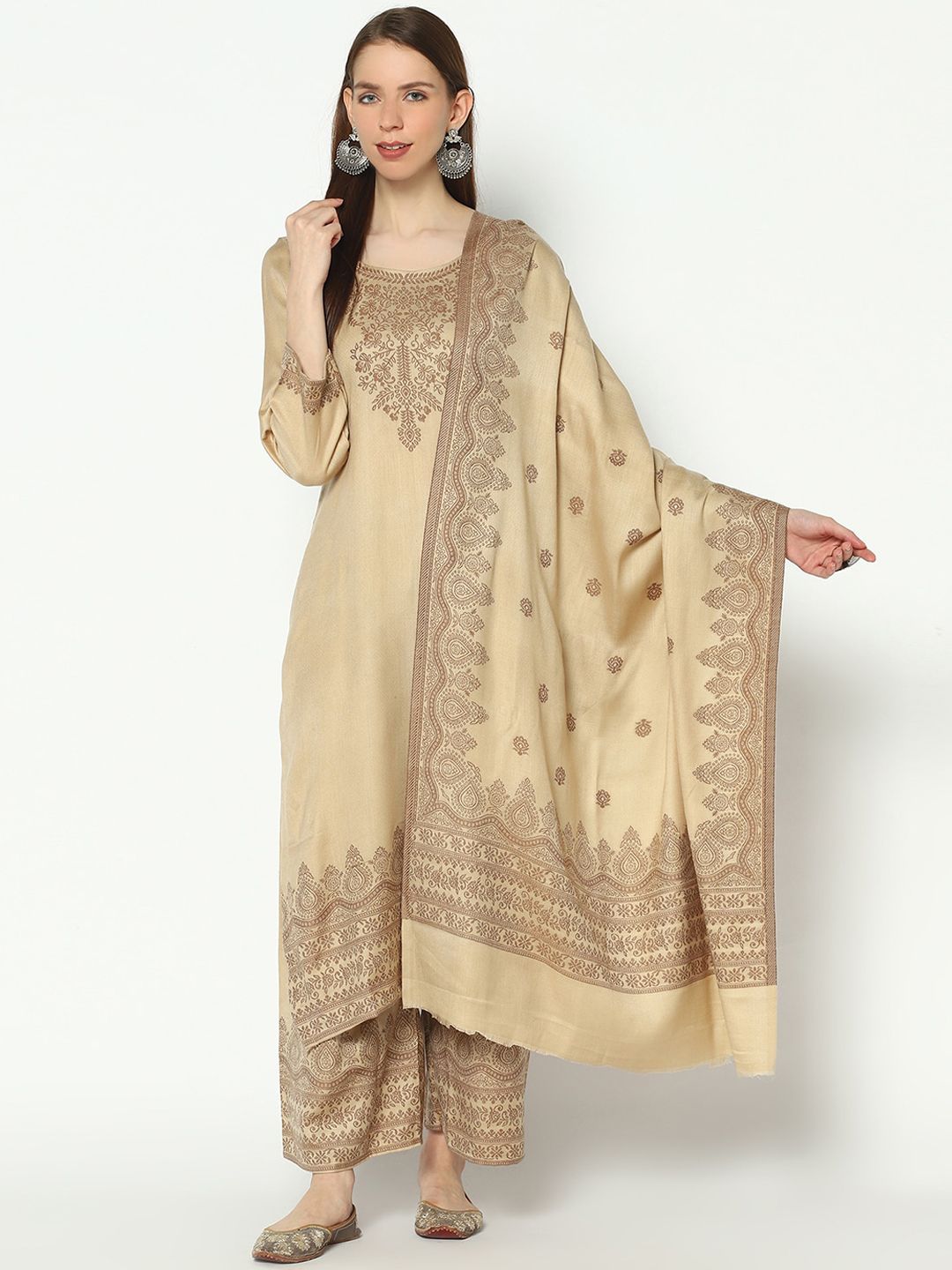 Safaa Women Camel Poly Woven Design Suit Unstitched Dress Material For Winter Price in India