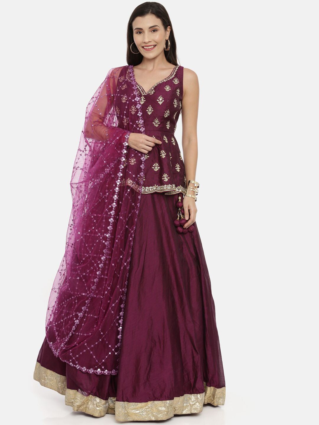 Neerus Burgundy Semi-Stitched Lehenga & Blouse with Dupatta