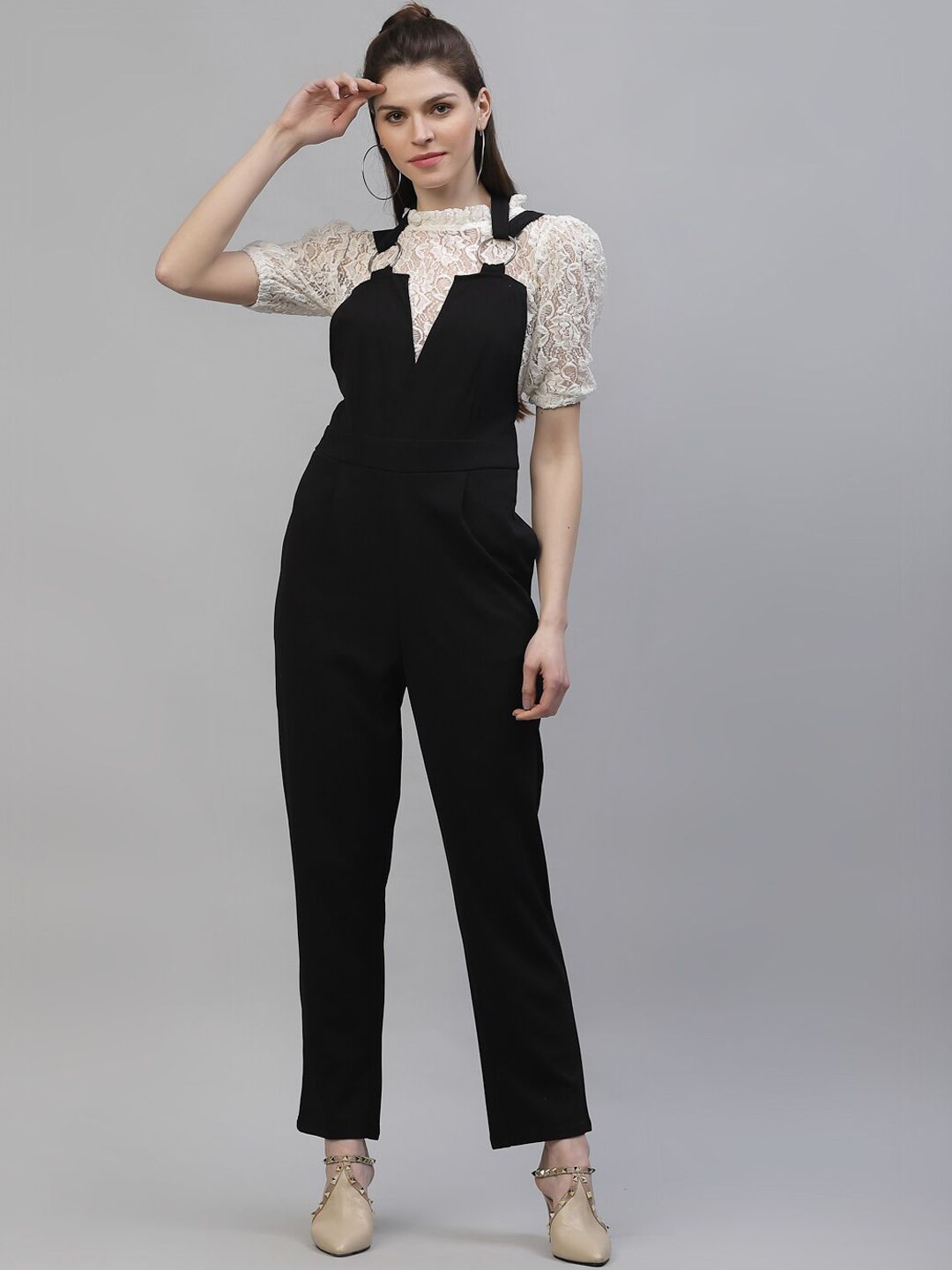 Athena Women Black & Off-White Solid Basic Jumpsuit Price in India