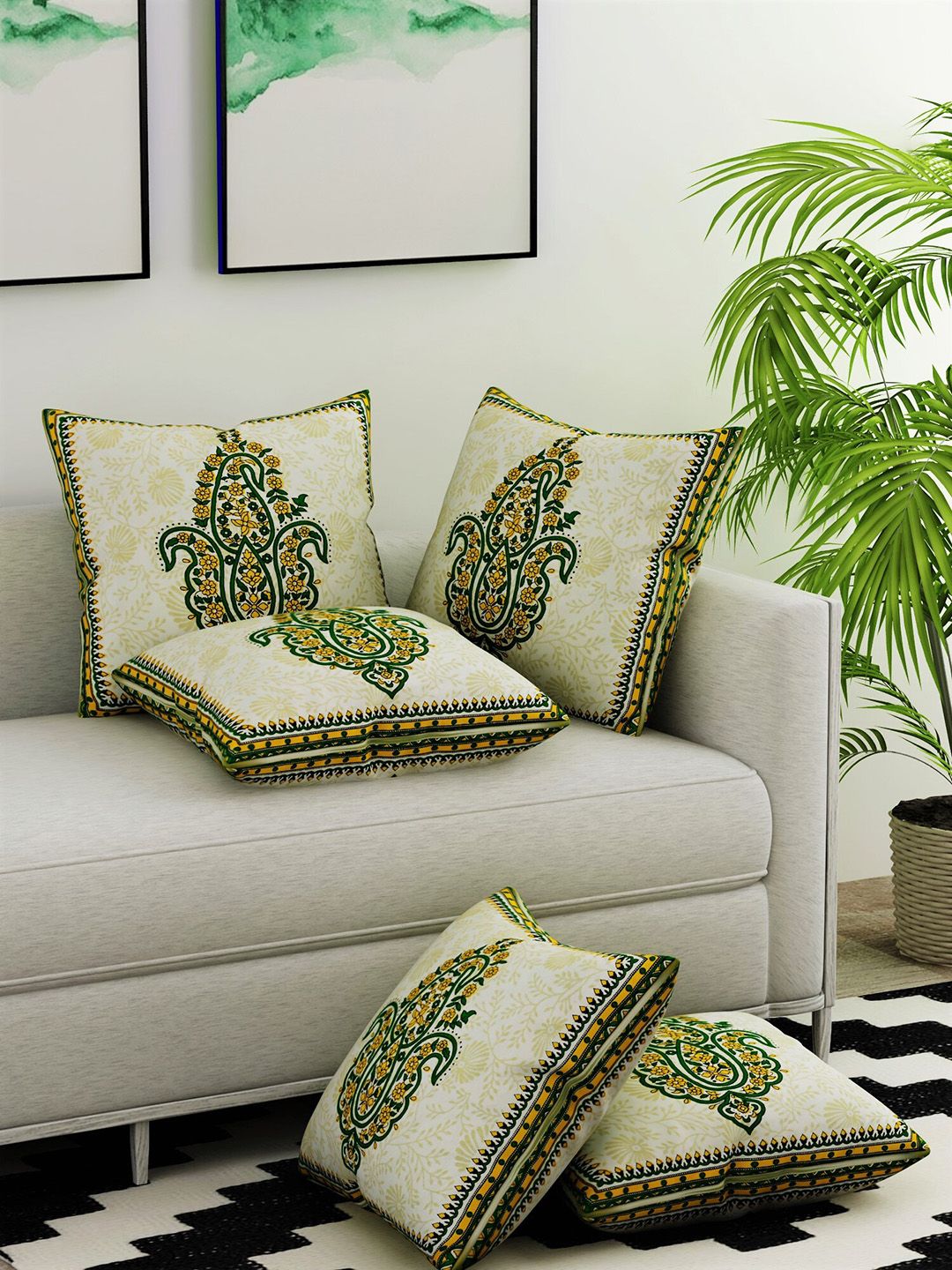 Salona Bichona Off-White & Green Set of 5 Ethnic Motifs Square Cushion Covers Price in India