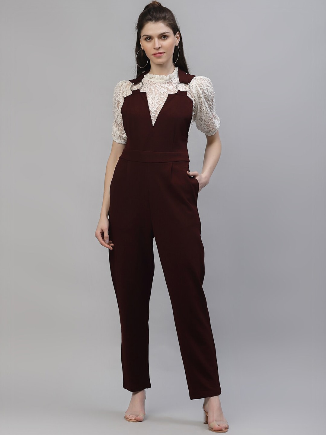 Athena Women Burgundy Solid Basic Jumpsuit Price in India