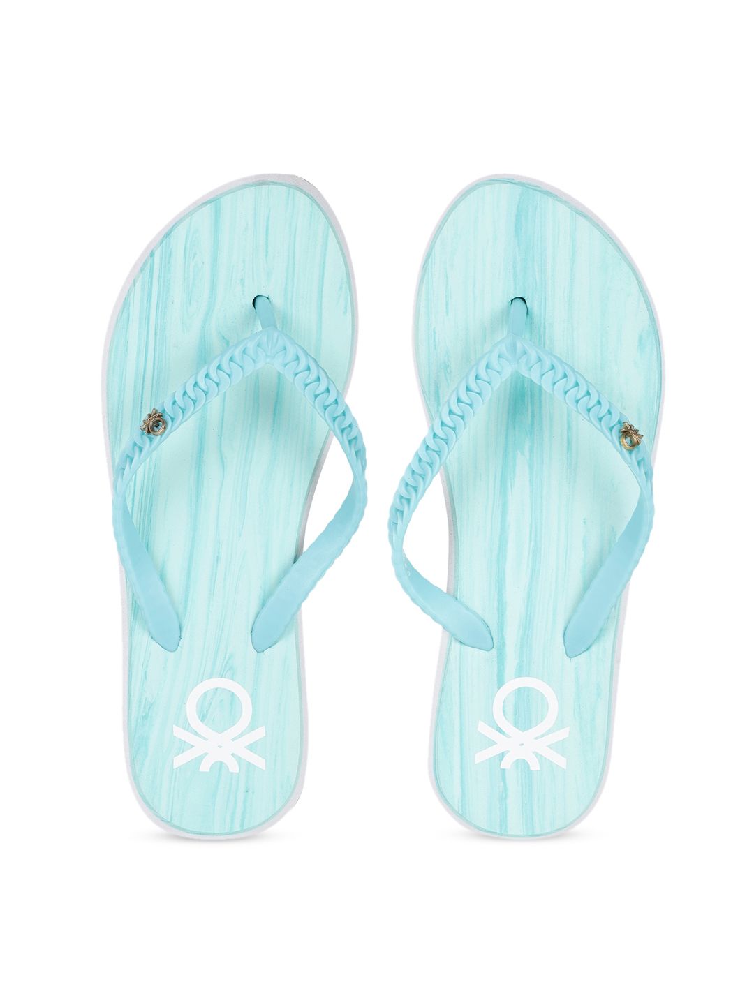 United Colors of Benetton Women Sea Green & White Solid Thong Flip-Flops Price in India