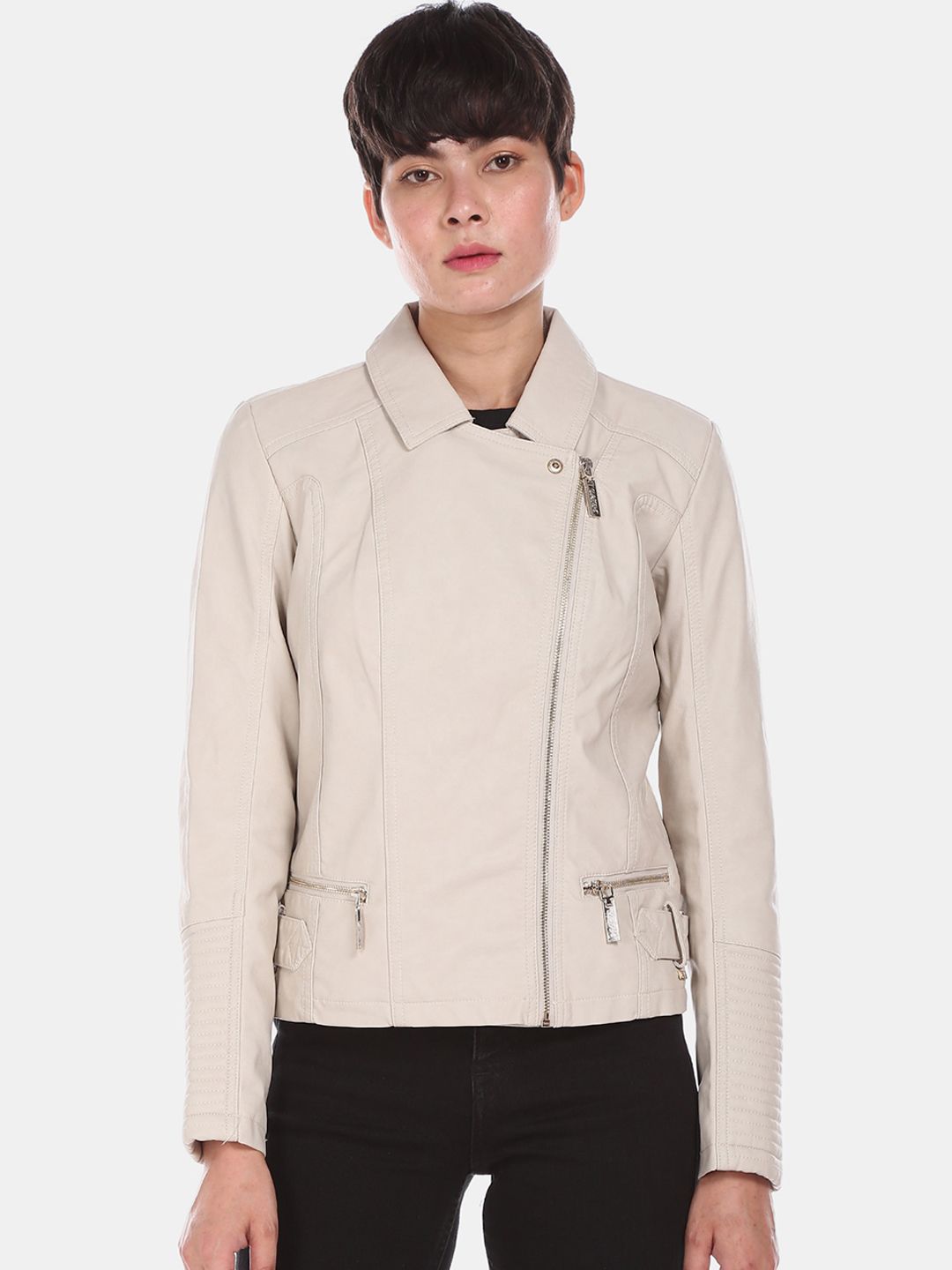 U.S. Polo Assn. Women Beige Solid Biker Jacket Price in India