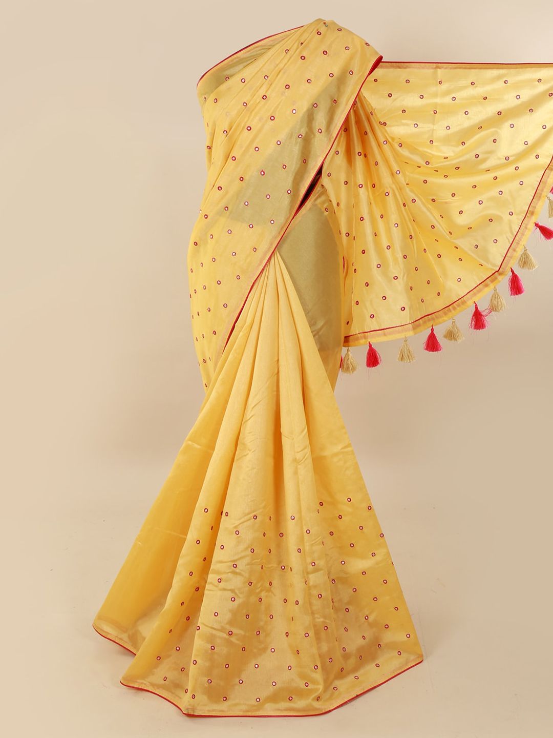 Pothys Yellow & Pink Cotton Blend Embroidered Saree