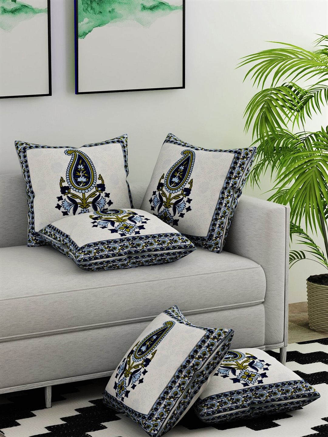 Salona Bichona White & Navy Blue Set of 5 Ethnic Motifs Square Cushion Covers Price in India