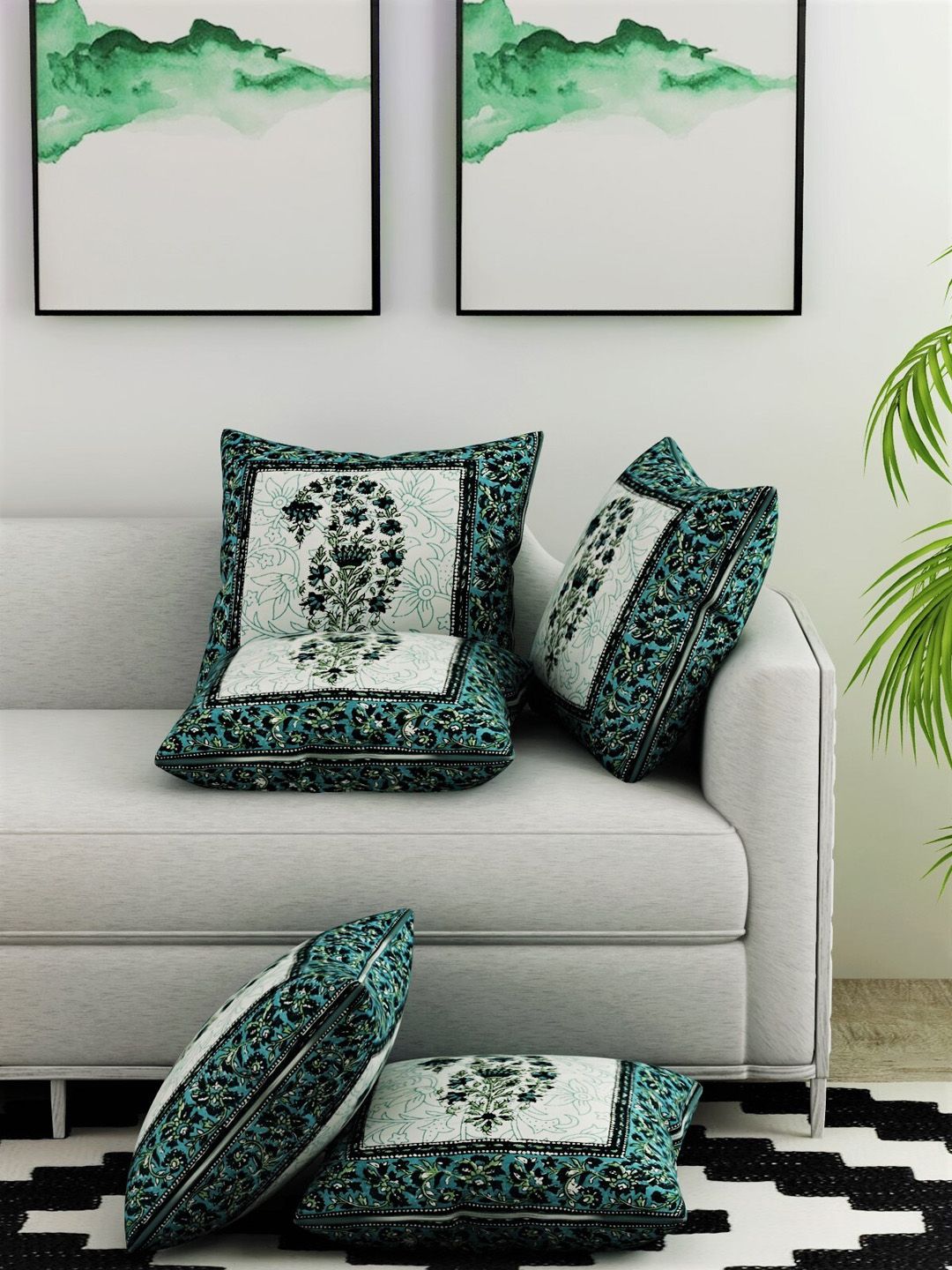 Salona Bichona Set Of 5 White & Green Floral Square Cushion Covers Price in India